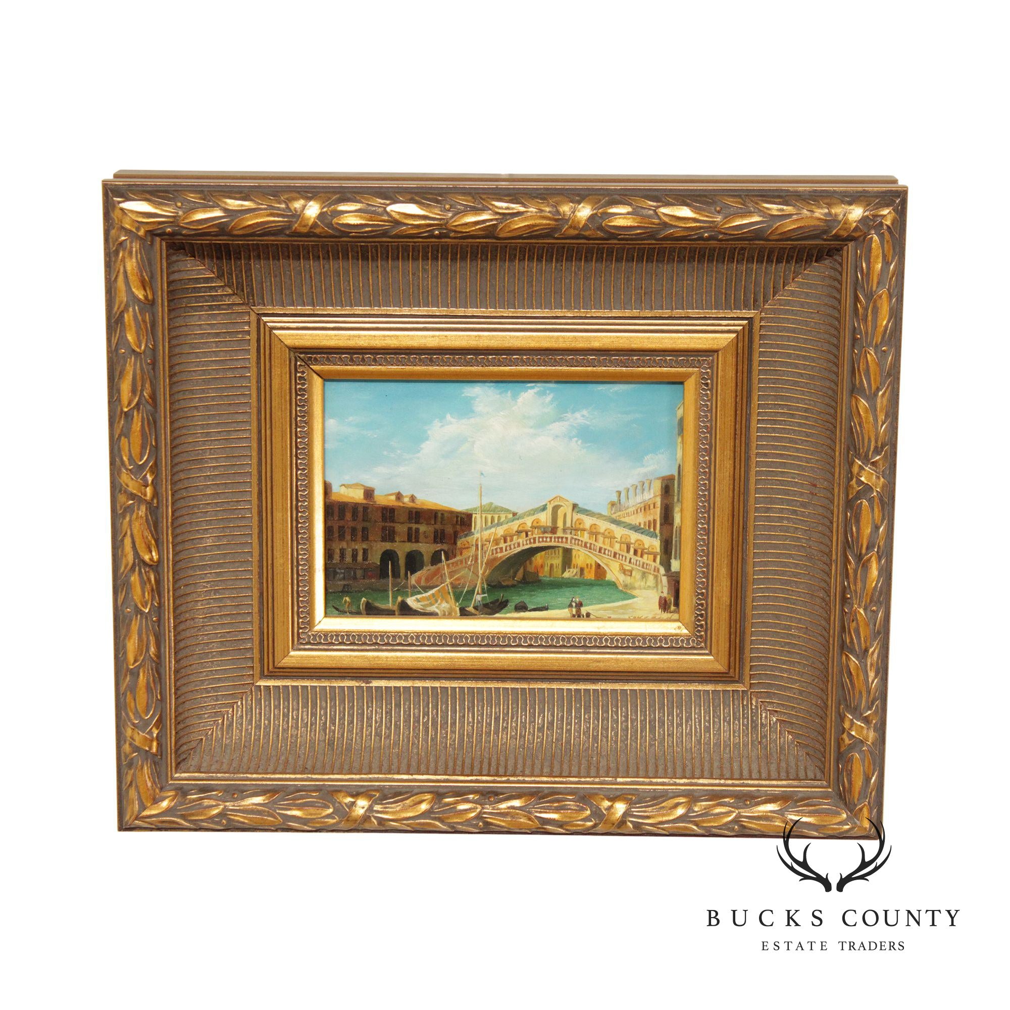 Vintage Italian Venetian Canal Scene Oil Painting, Custom Framed