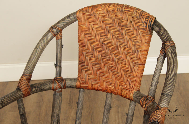 Palecek Adirondack Style Wood Frame and Woven Rattan Armchairs