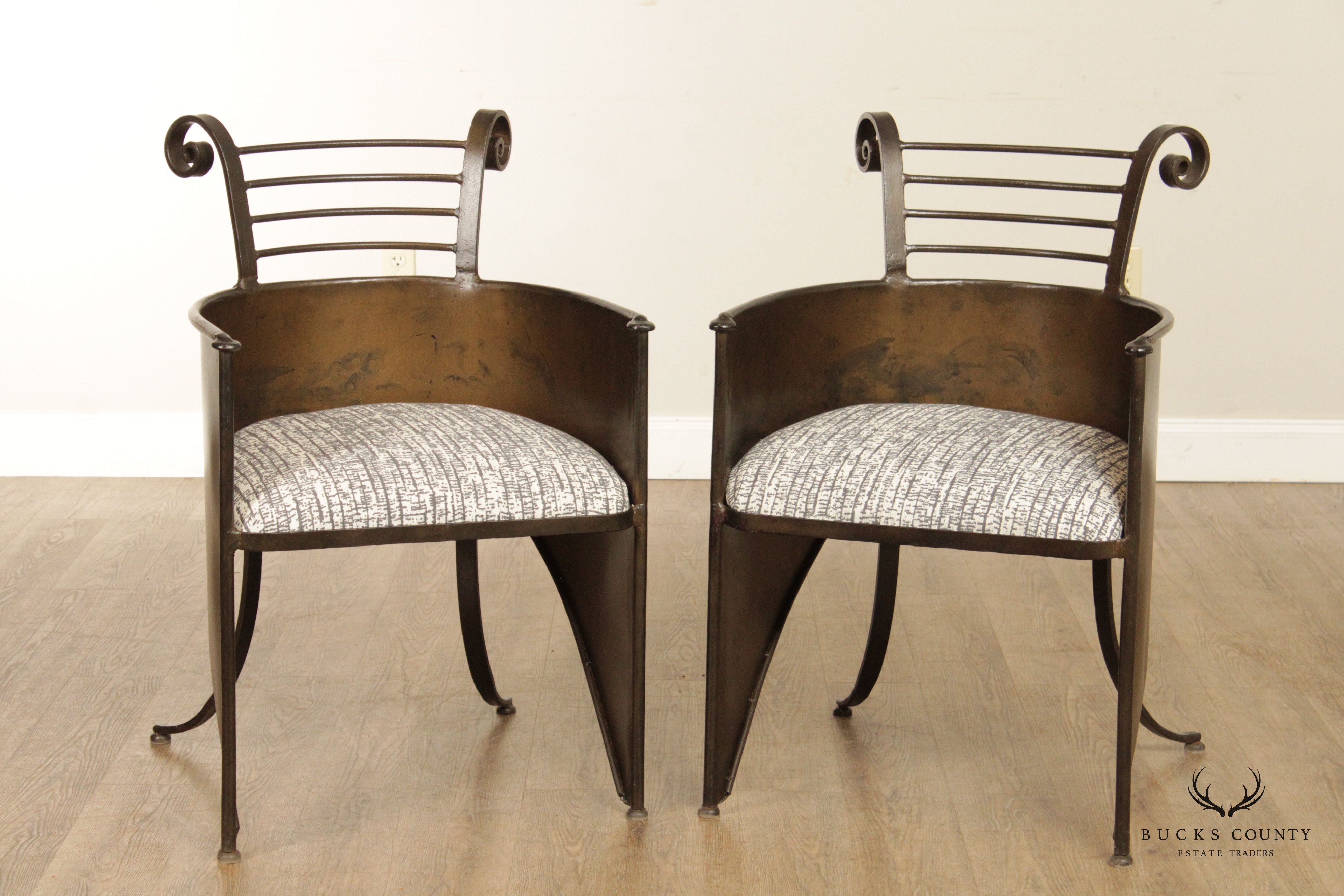 French Industrial Style Custom Pair of Wrought Iron Barrel Chairs