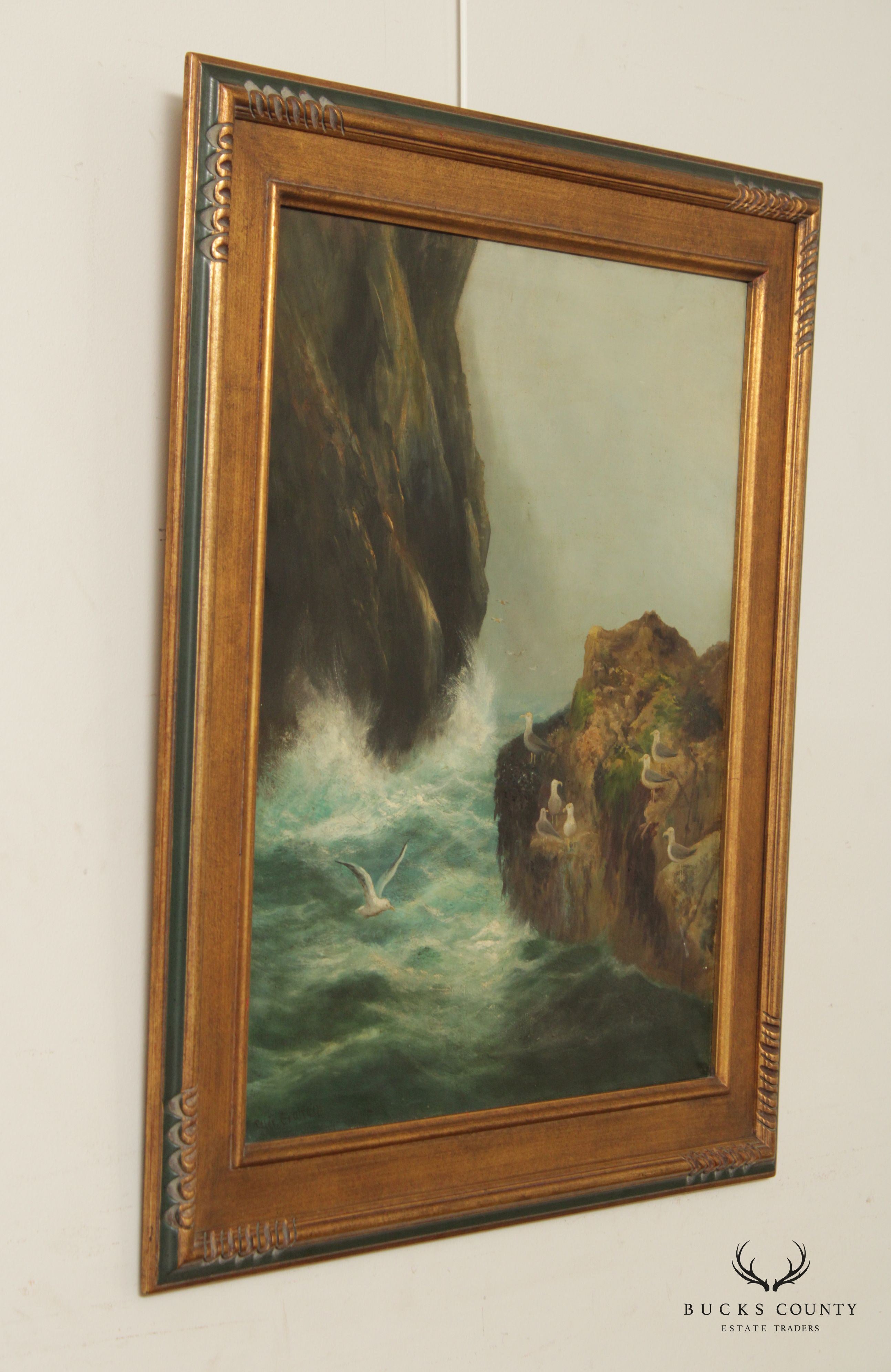 Antique 19th C. Scottish Rocky Shoreline Seascape Painting by Peter Graham