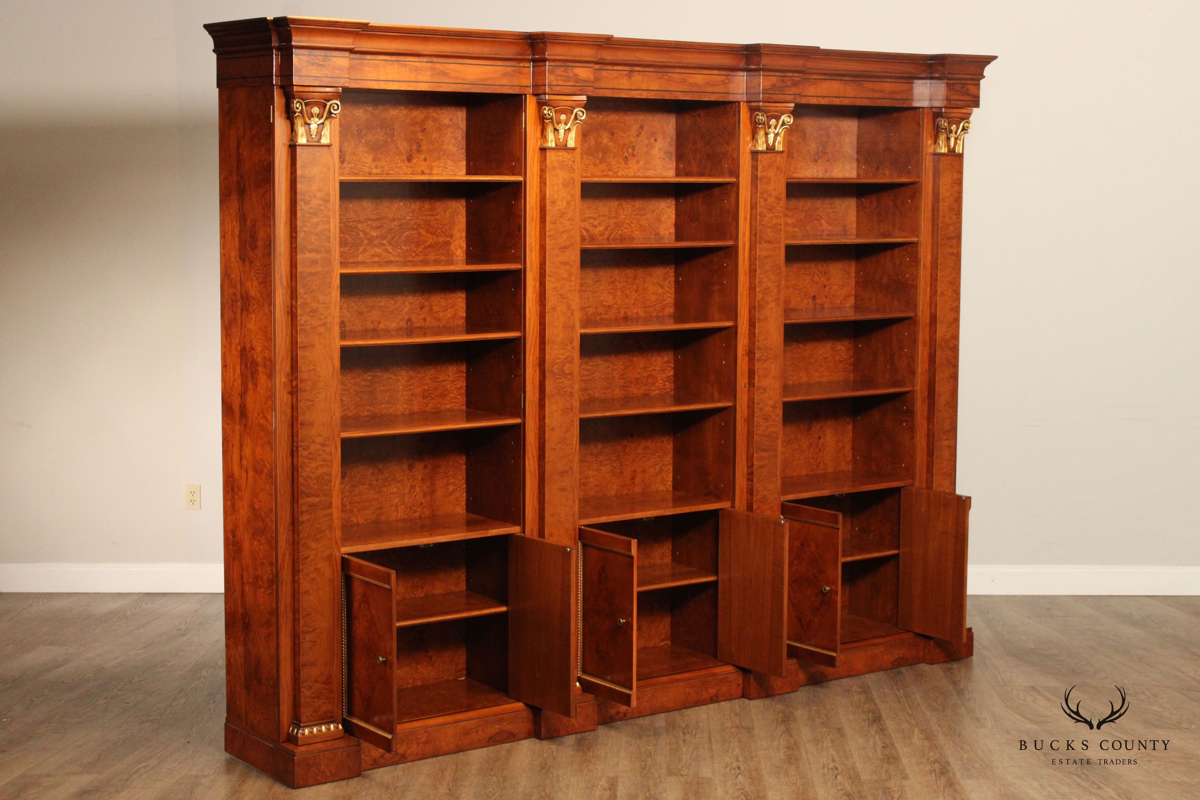 Francesco Molon Italian Neoclassical Style Burlwood Triple Bookcase