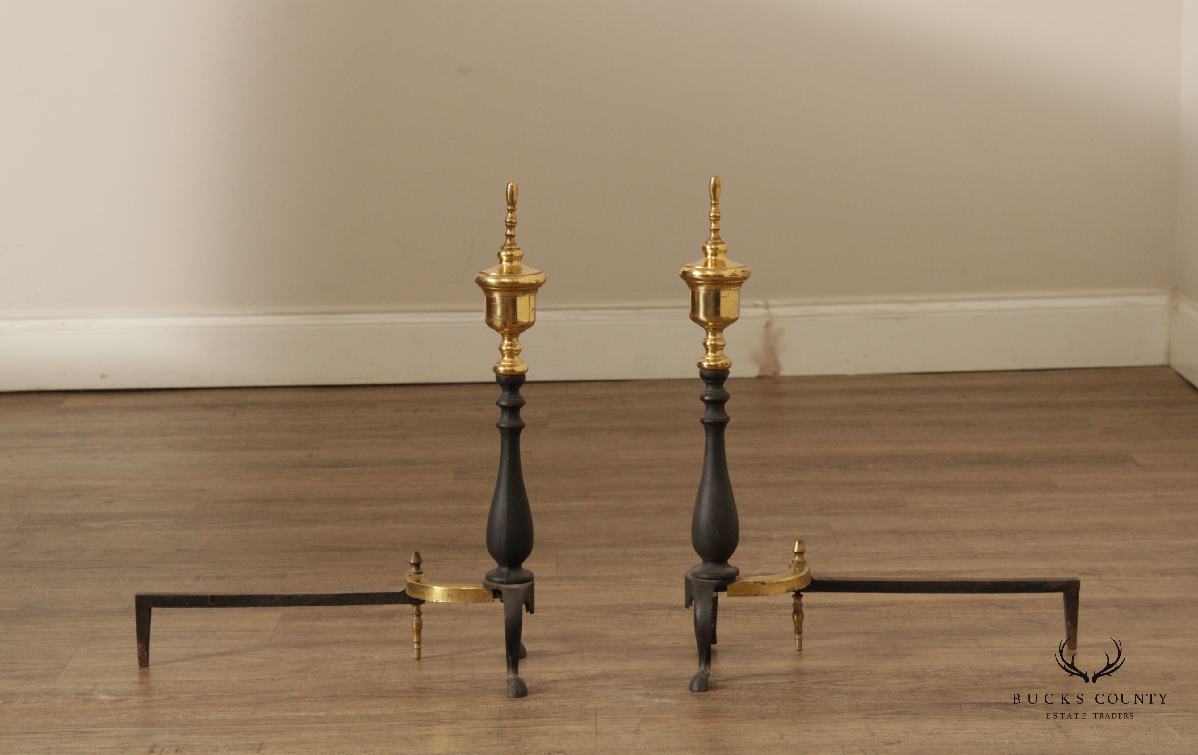 Federal Style Brass and Cast Iron Pair of Andirons