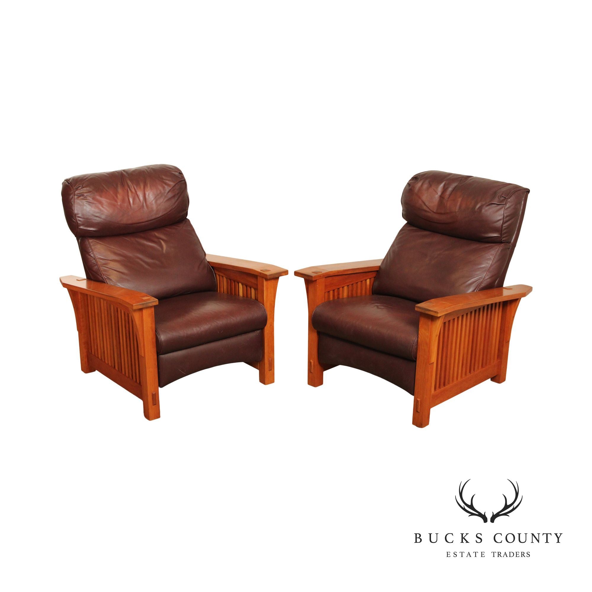 Stickley Mission Collection Pair Of Cherry And Leather Spindle Morris Recliners