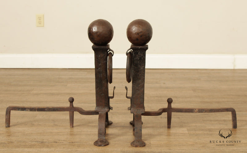 Arts & Crafts Antique Pair of Wrought Iron Andirons