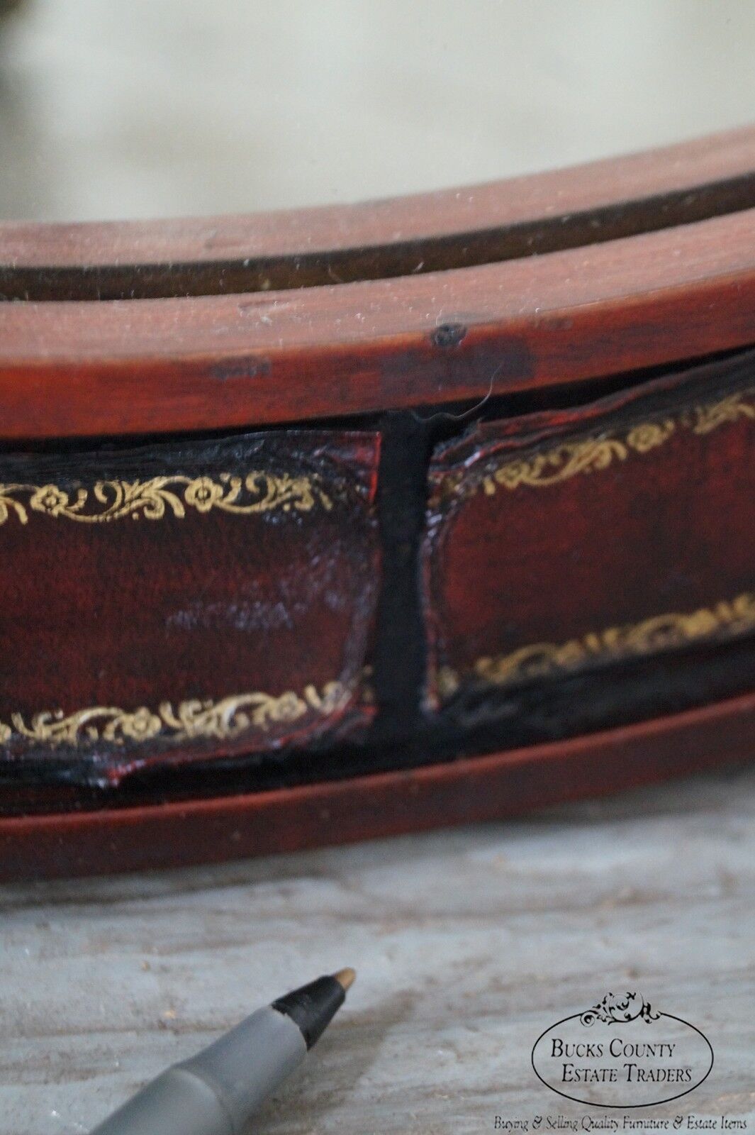 Carved Mahogany & Tooled Leather Oval Wall Mirror circa 1950s