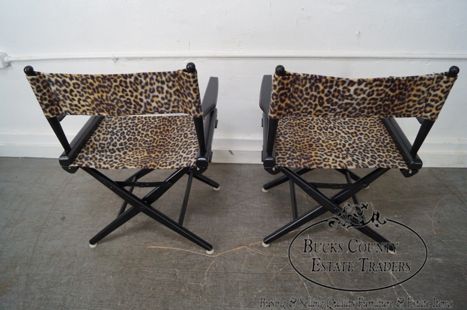 Mid Century Pair of Leopard Print Ebonized Folding Directors Chairs by Telescope