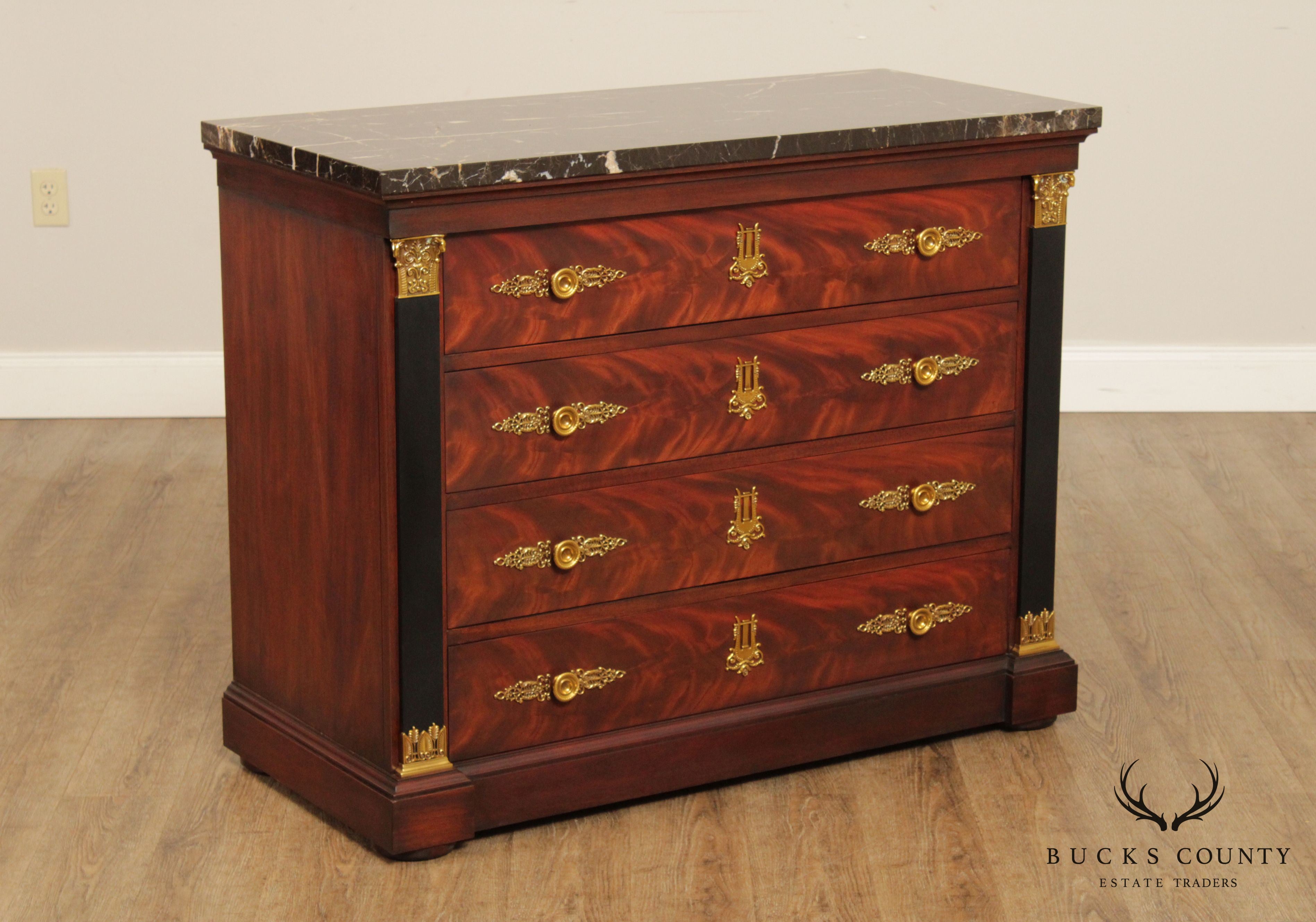 Henkel Harris Empire Style Mahogany Marble Top Chest of Drawers