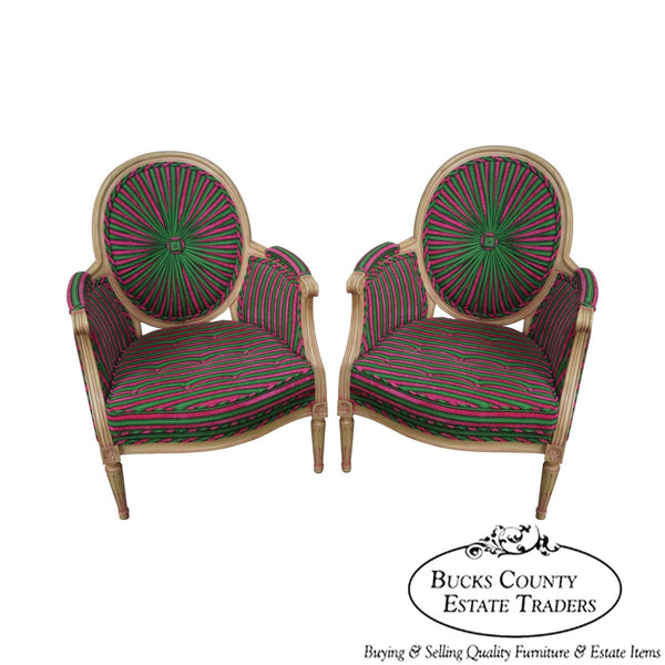 Vintage Pair of Custom Colorful Pin Wheel Back French Louis XVI Style Bergere Chairs