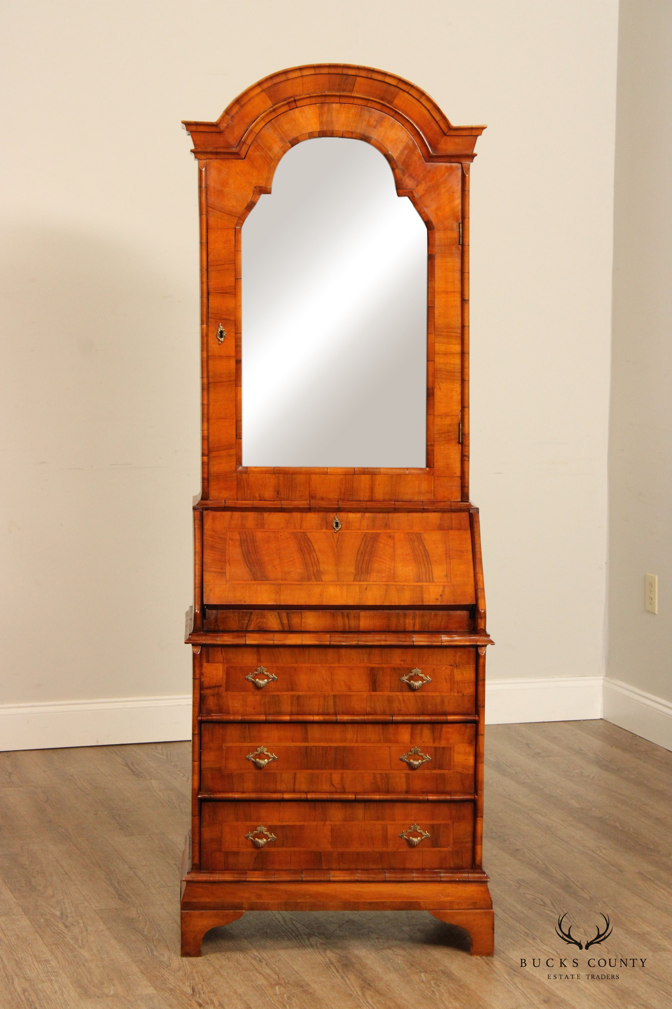 Antique Italian Burl Walnut Mirrored Secretary Desk