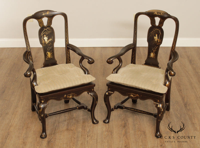 Queen Anne Style Chinoiserie Decorated Vintage Pair of Armchairs
