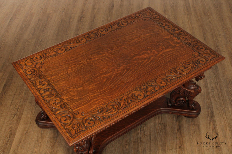 RJ Horner Antique Renaissance Revival Griffin Carved Oak Writing Desk or Library Table