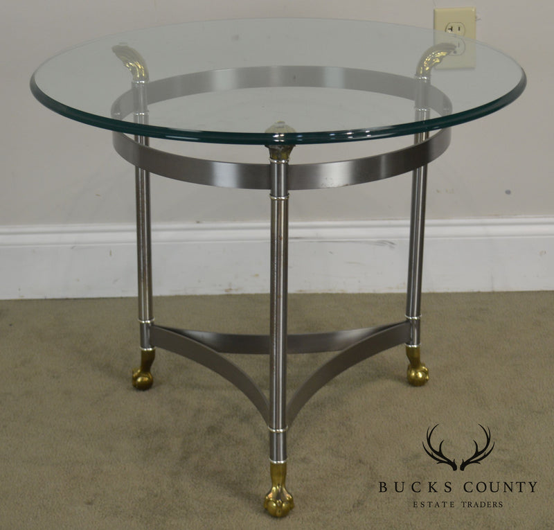 Directoire Style Brushed Steel & Brass Round Glass Top Side Table