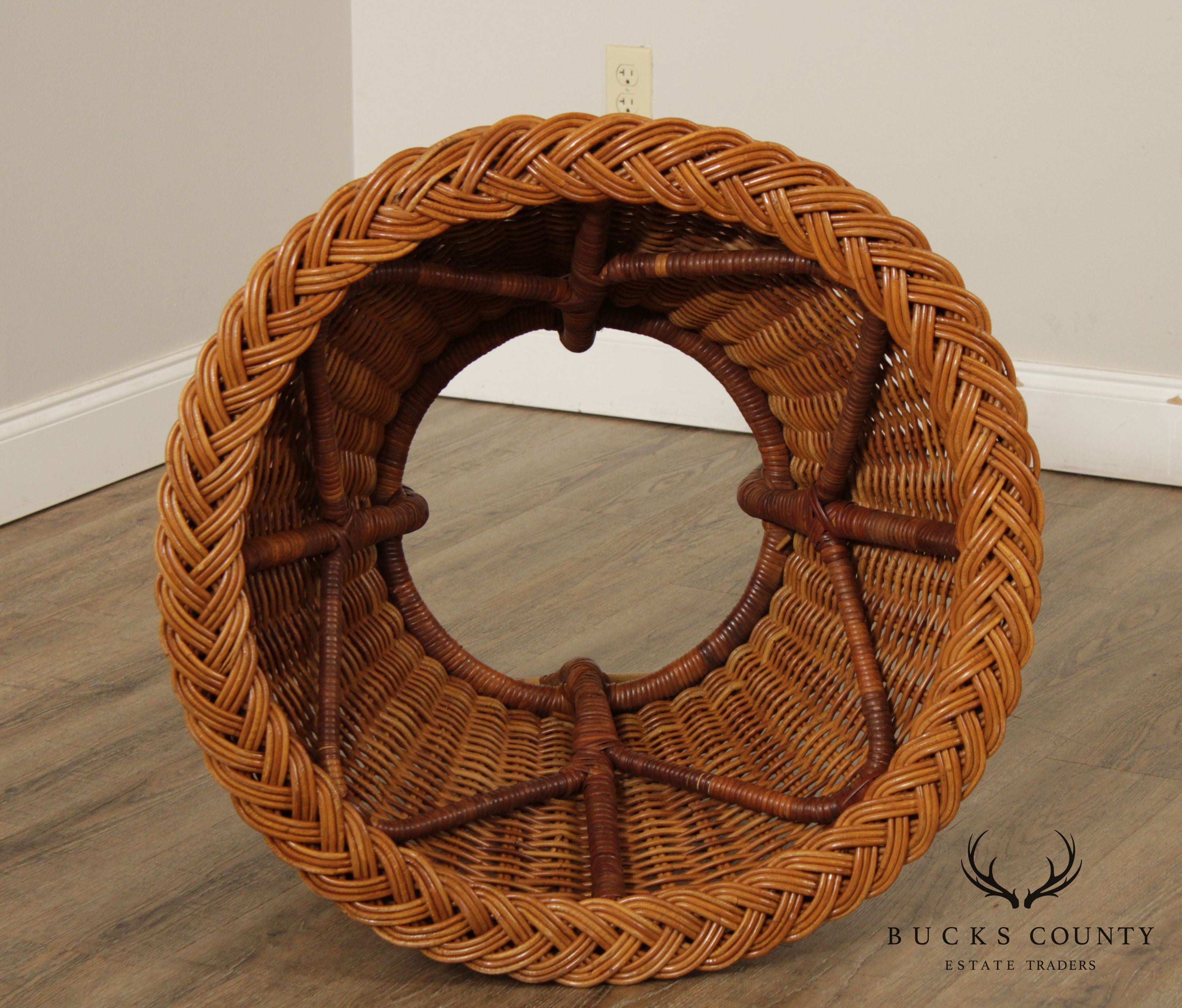 Midcentury Round Glass Top Wicker Side Table