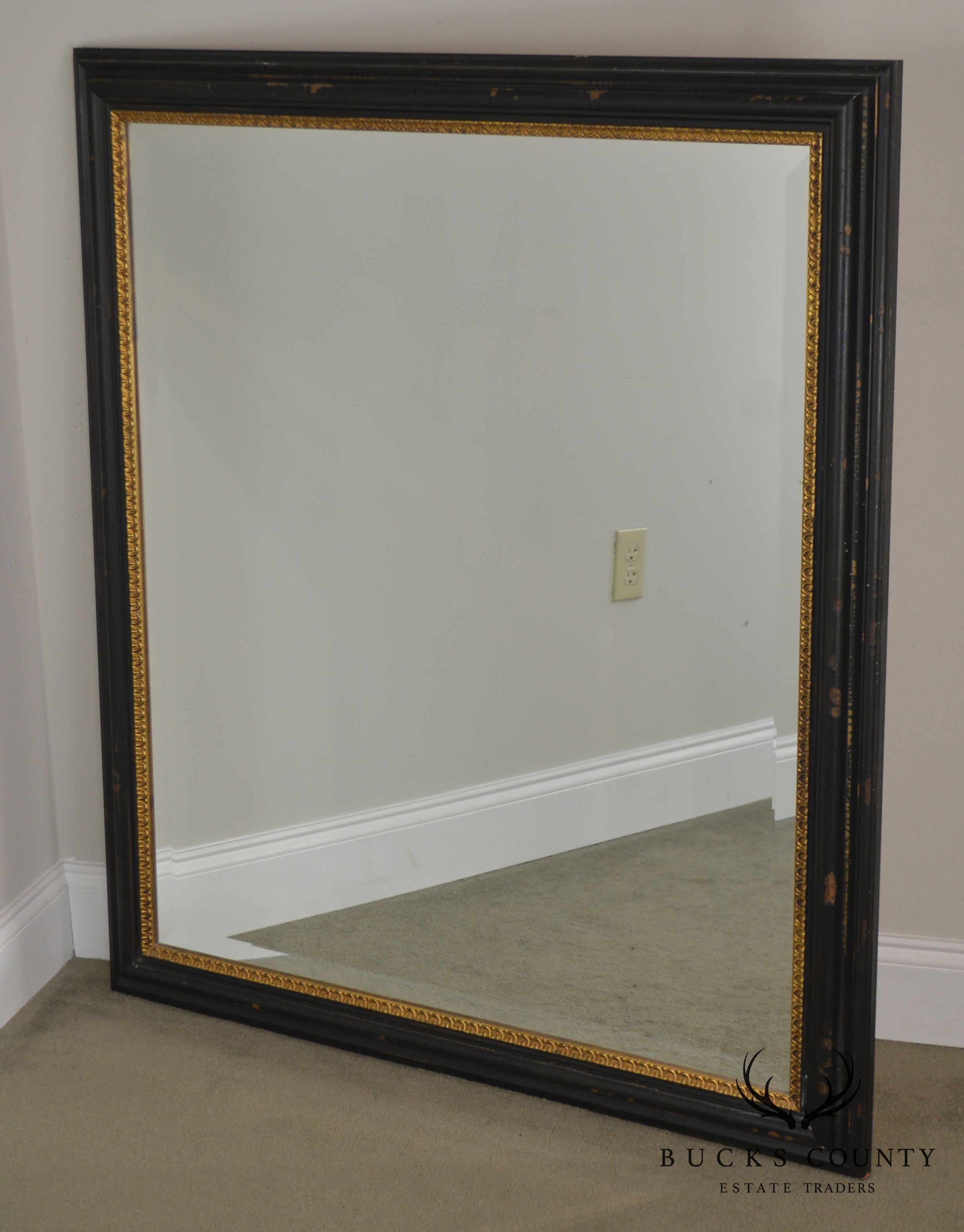 Regency Style Distressed Black & Gold Frame Rectangular Pair Beveled Mirrors