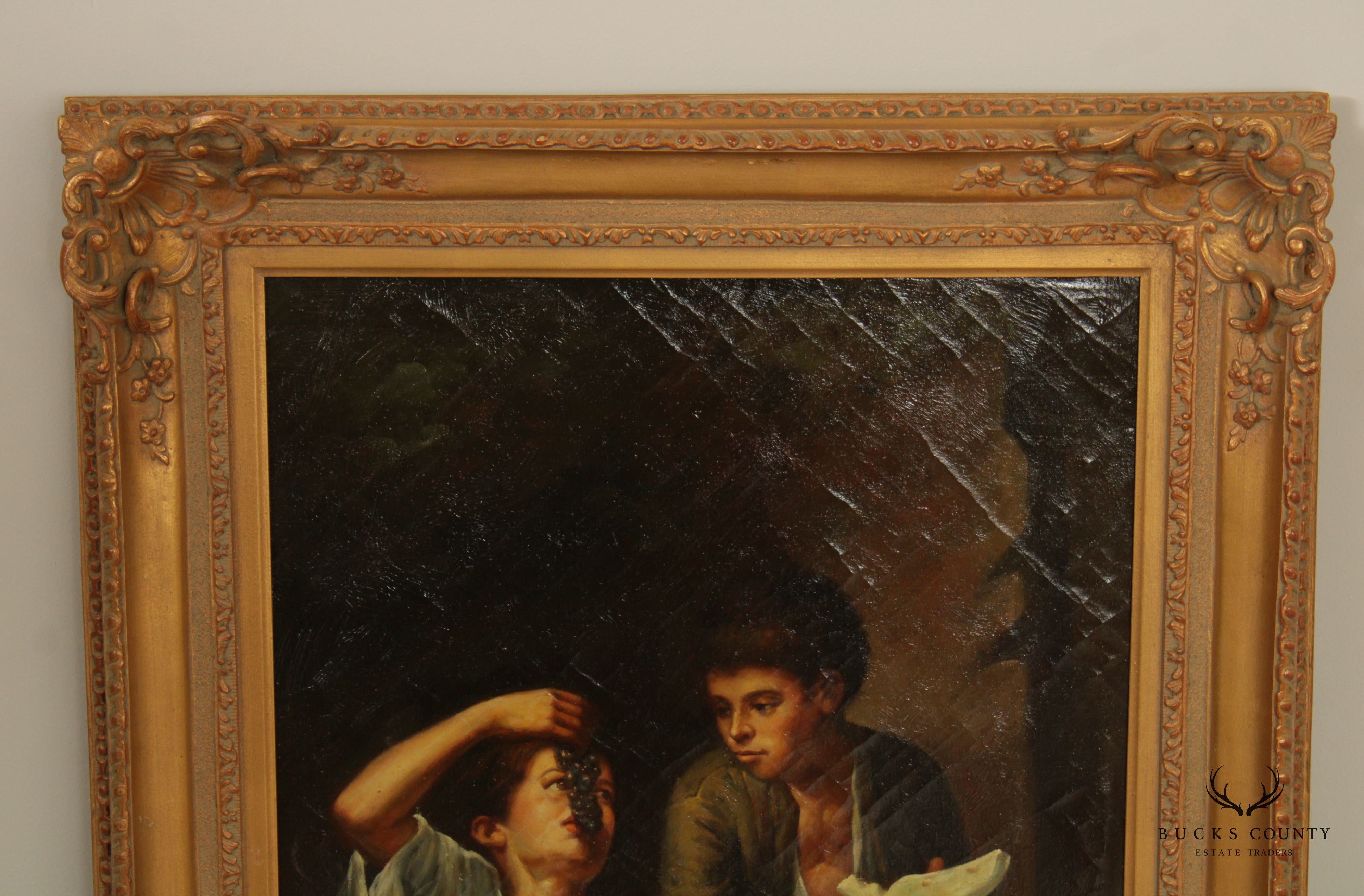 Vintage 20th C. 'Children Eating Grapes and a Melon' Original Painting after Murillo