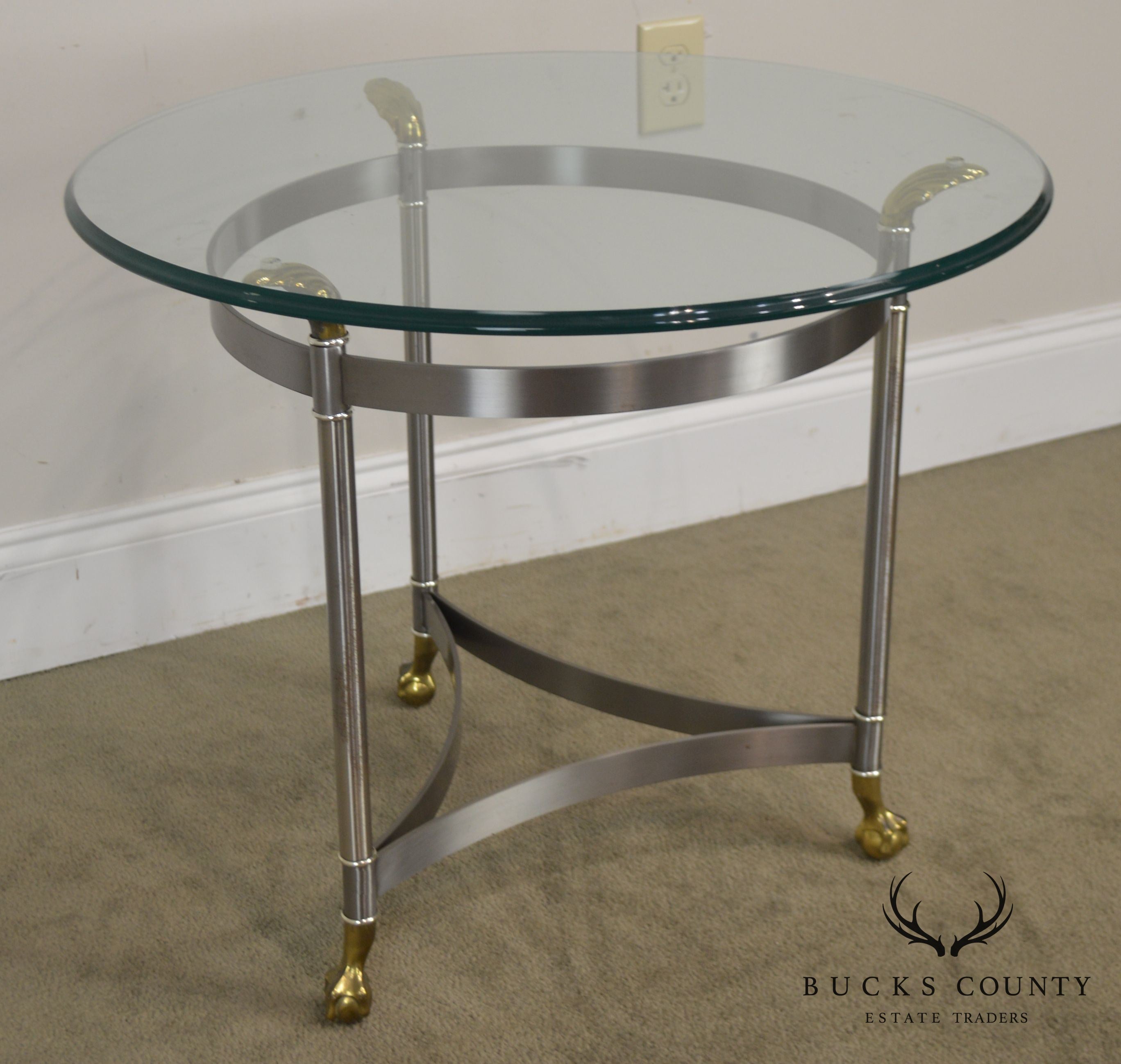 Directoire Style Brushed Steel & Brass Round Glass Top Side Table