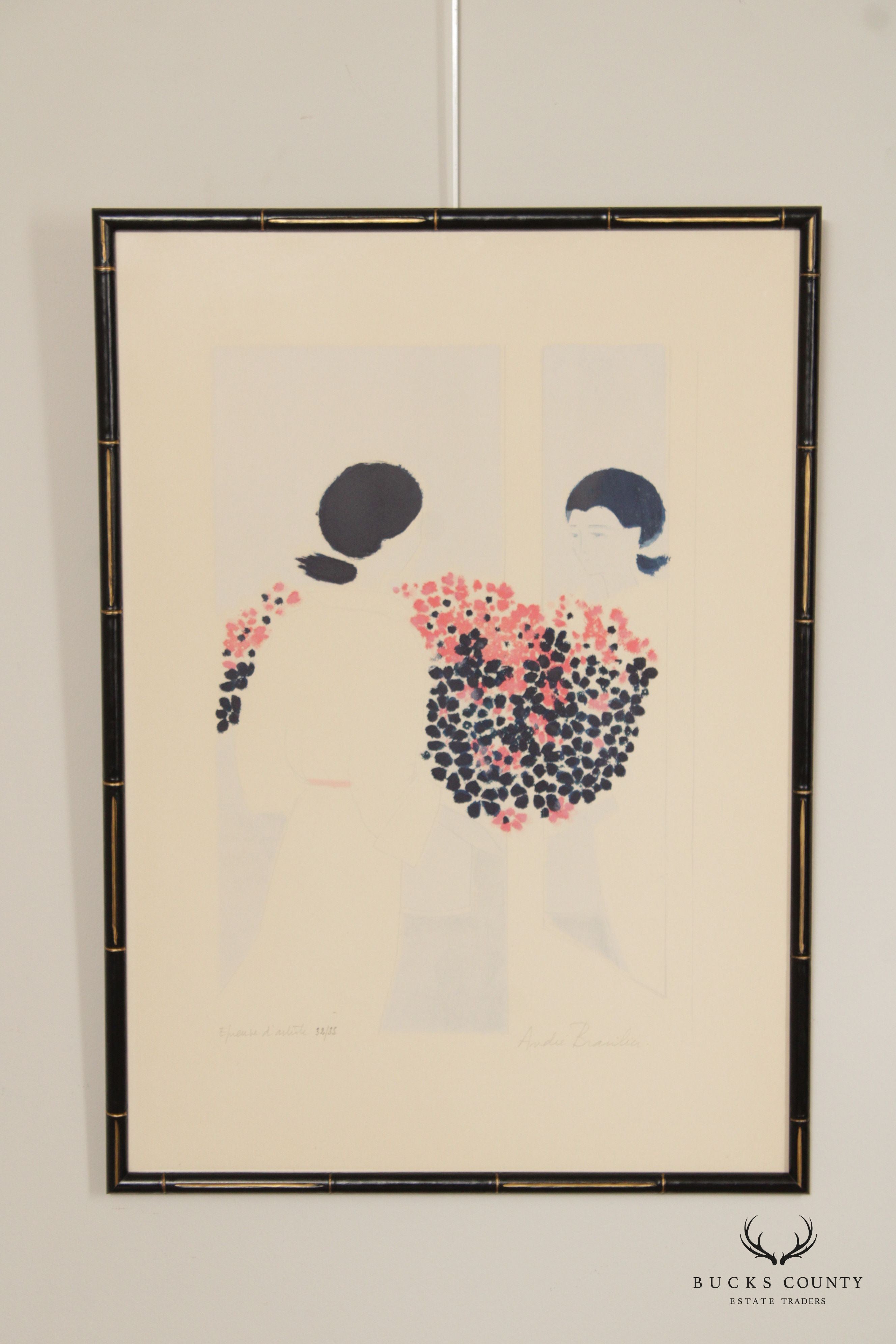 Andre Brasillier Framed Lithograph of a Woman with Flowers