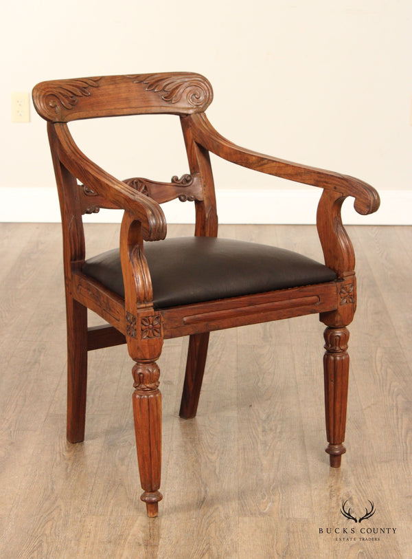 Anglo Indian Style Carved Hardwood and Leather Library Armchair