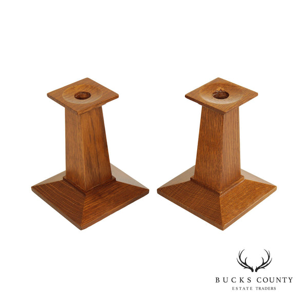Stickley Mission Collection Pair of Oak Candlestick Candle Holders