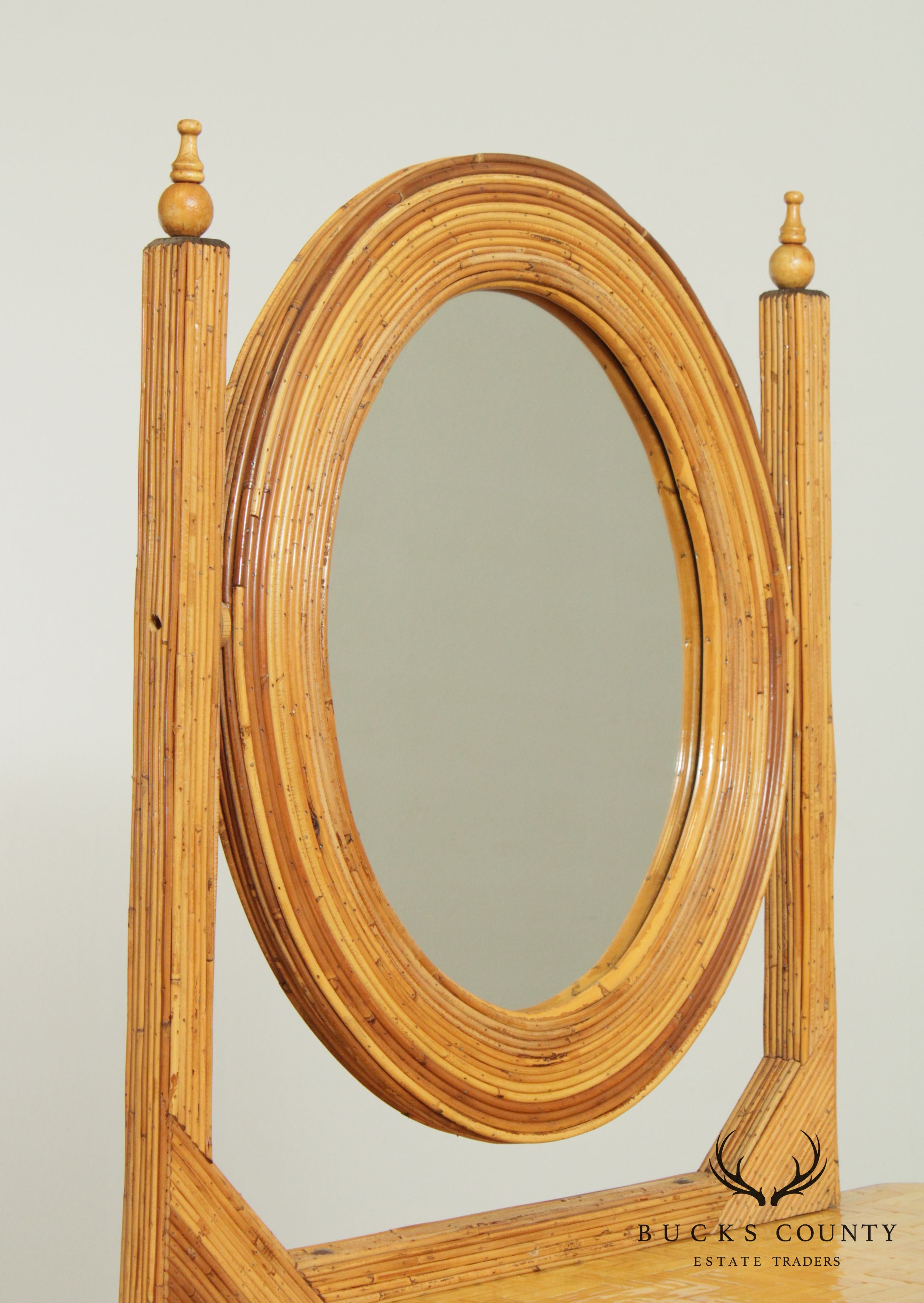 Vintage Bamboo Kidney Shape Vanity with Mirror, Stool