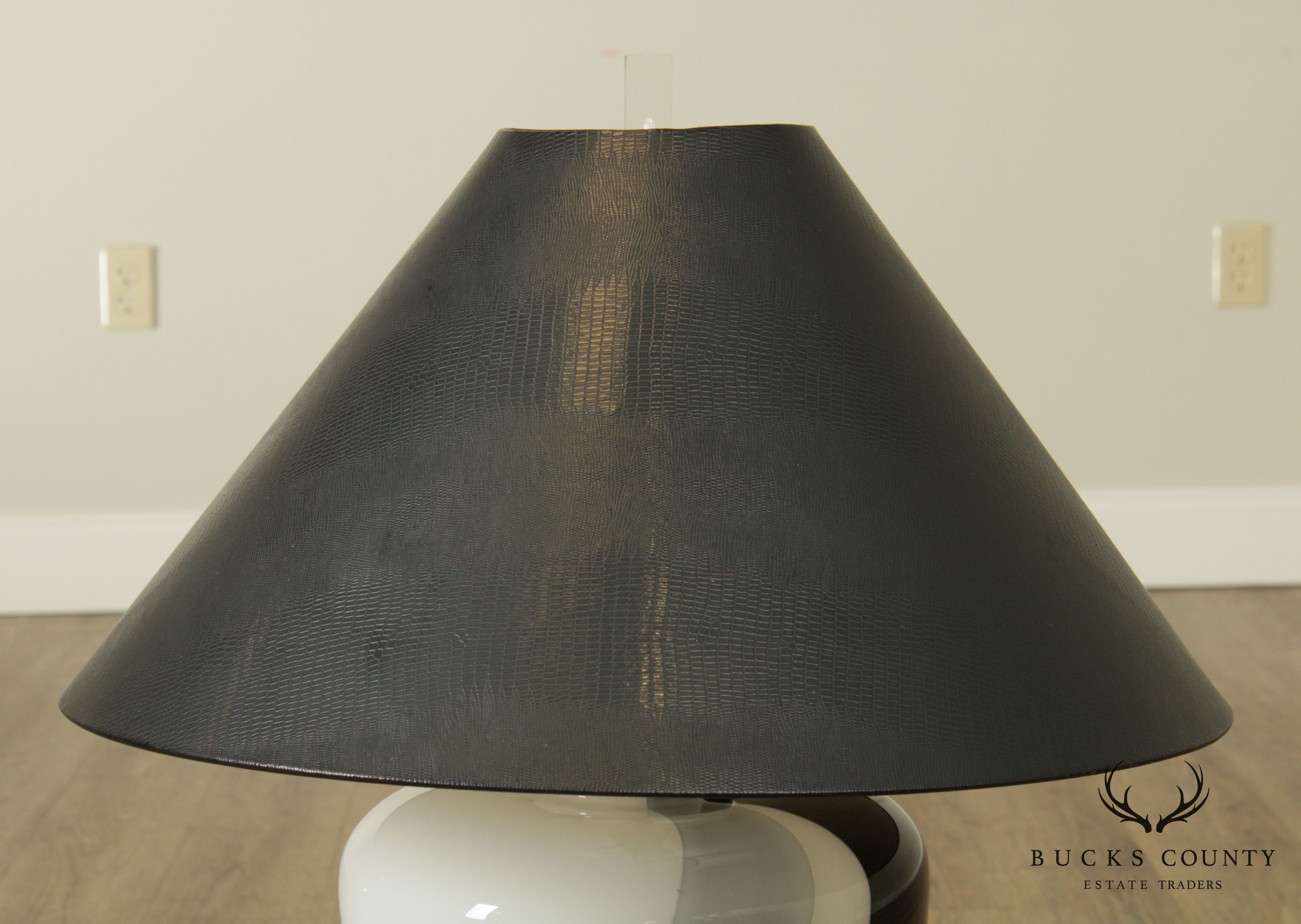 Wescal 1980's Modern Black, White and Grey Art Glass Urn Lamp on Lucite Base