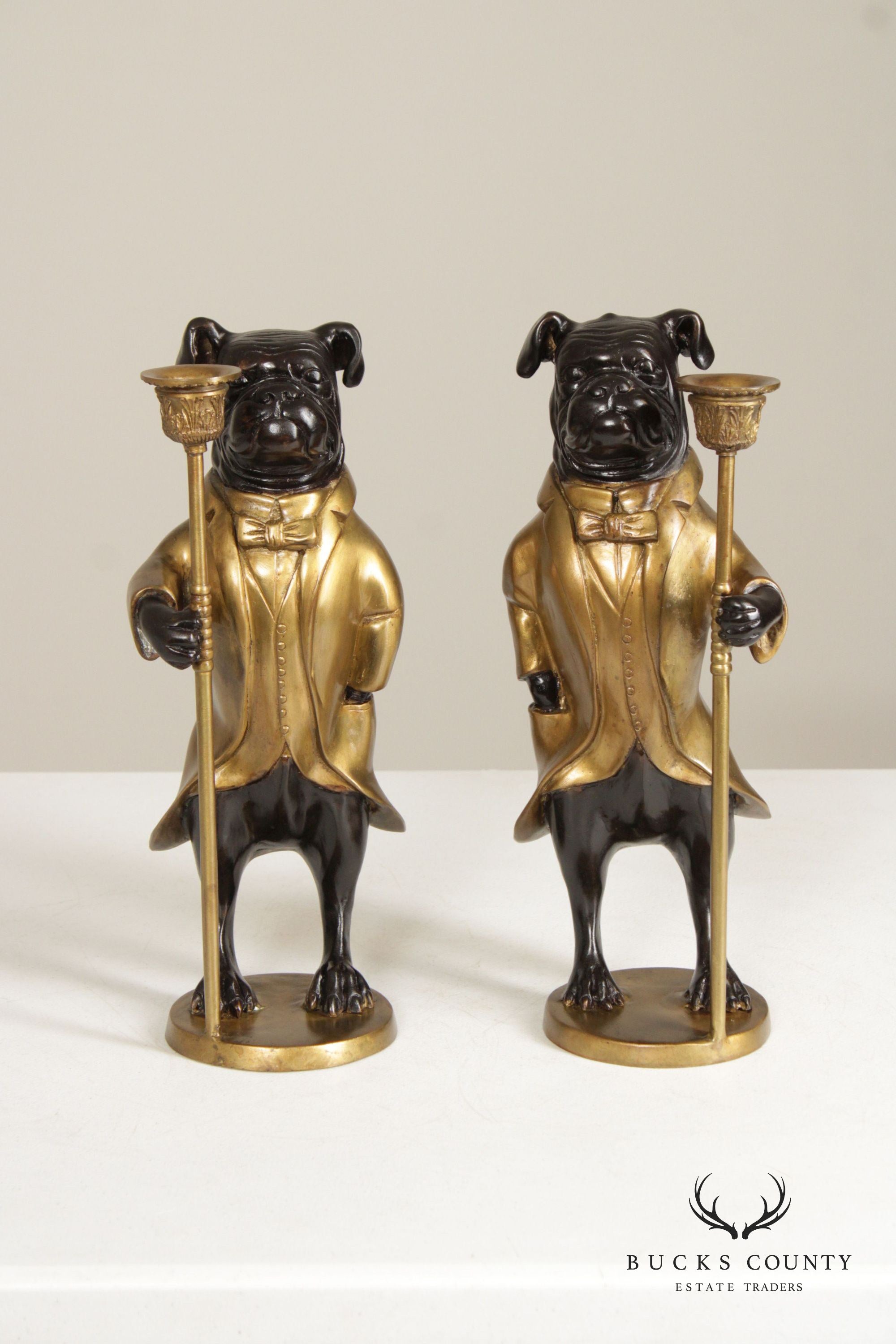 Set of Polychrome Bronze Bull Dog Candle Holders