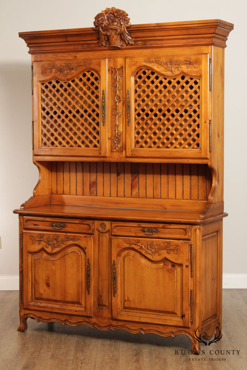 French Country Provincial Style Pine Carved Buffet Hutch Cabinet