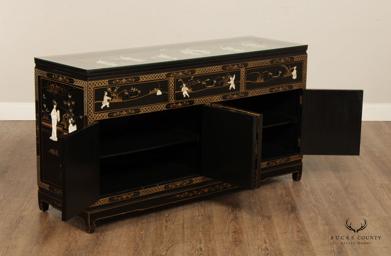 Chinese Black Lacquer and Carved Soapstone Sideboard