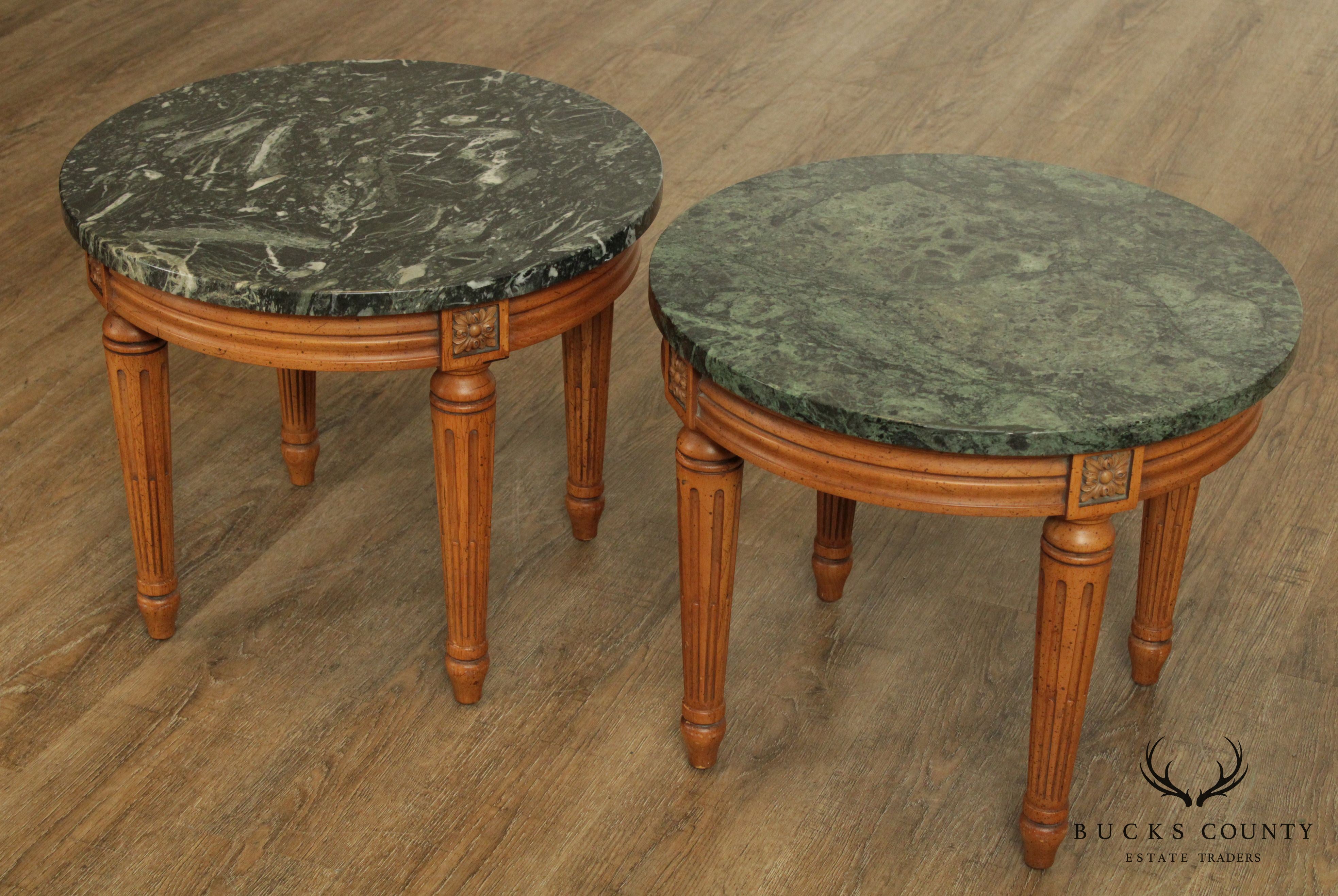 French Louis XVI Style Vintage Walnut Pair Round Marble Top Side Tables