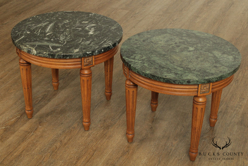 French Louis XVI Style Vintage Walnut Pair Round Marble Top Side Tables