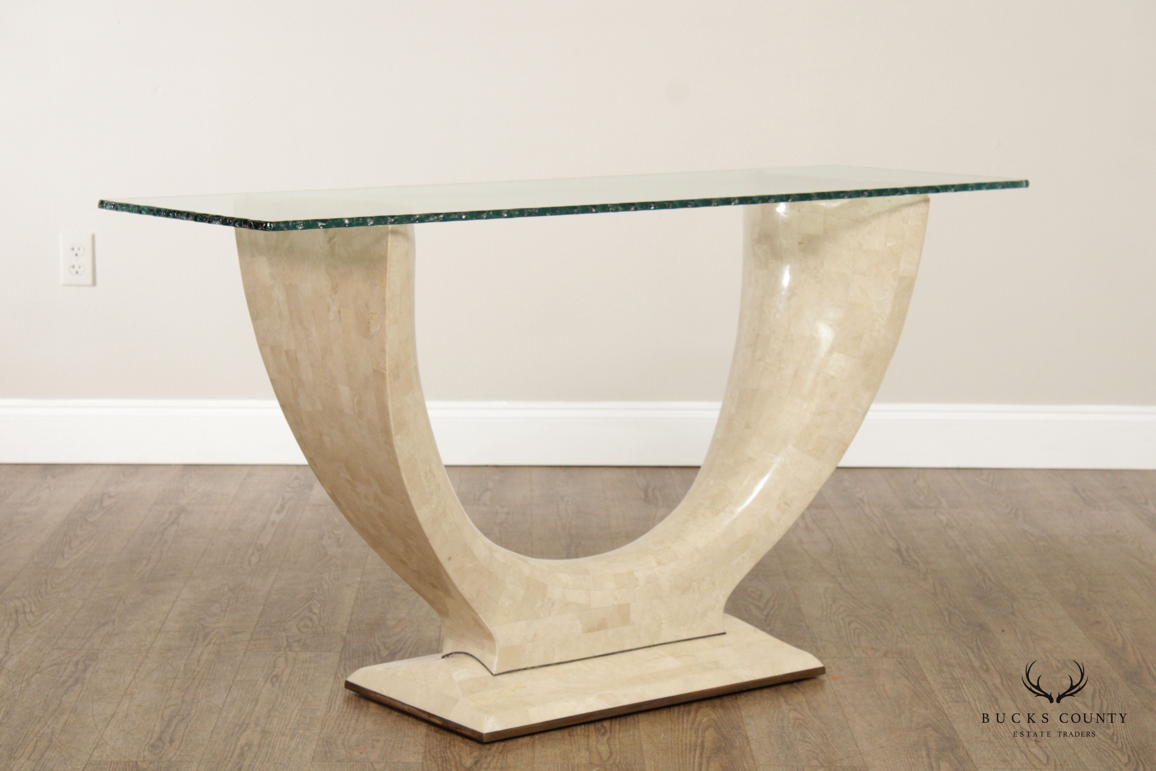 Organic Modern Tessellated Faux Stone and Glass Top Console Table