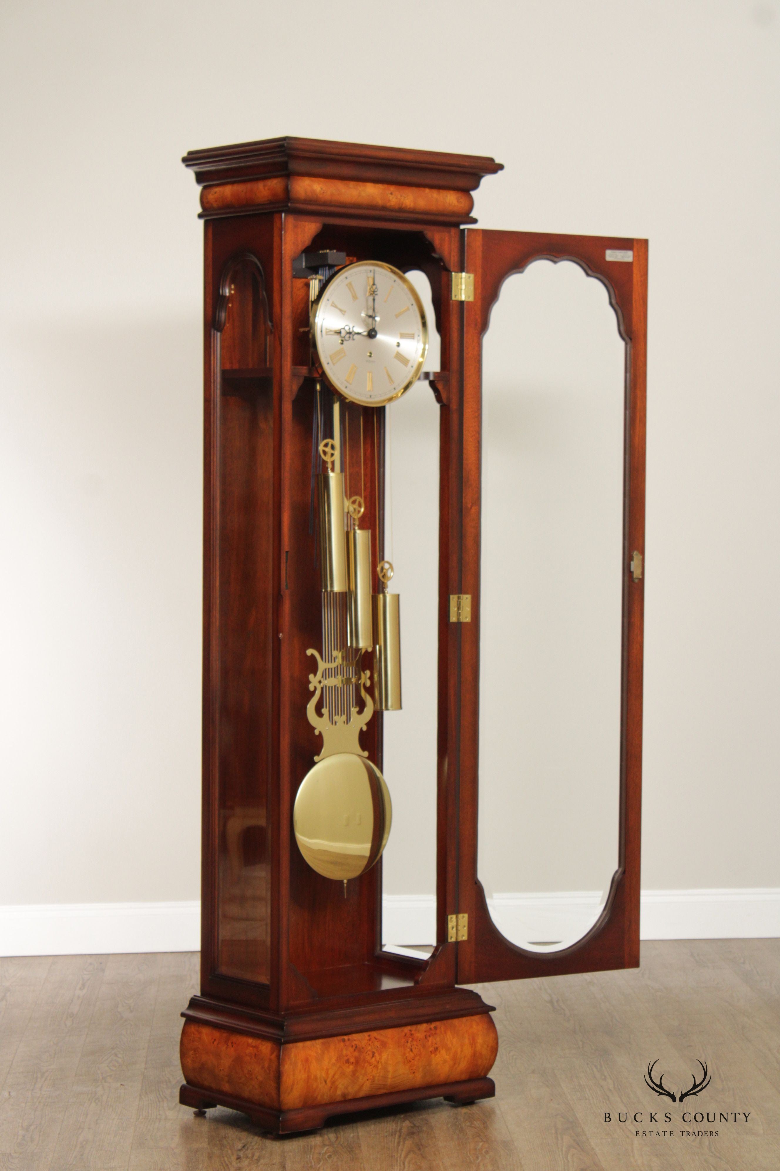 WK Sessions Mahogany and Burlwood Grandfather Clock