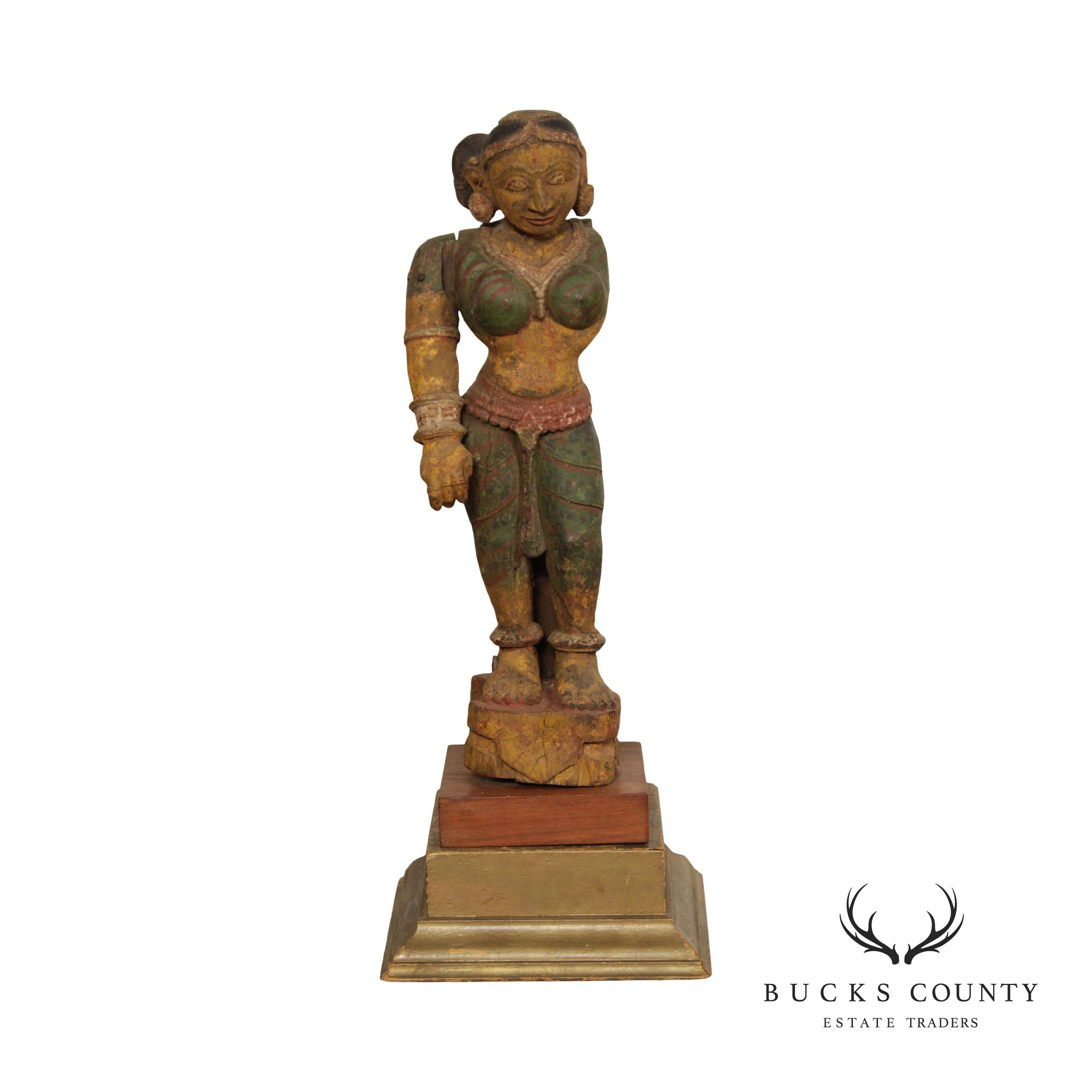 Antique Indian Polychrome Wooden Goddess Sculpture