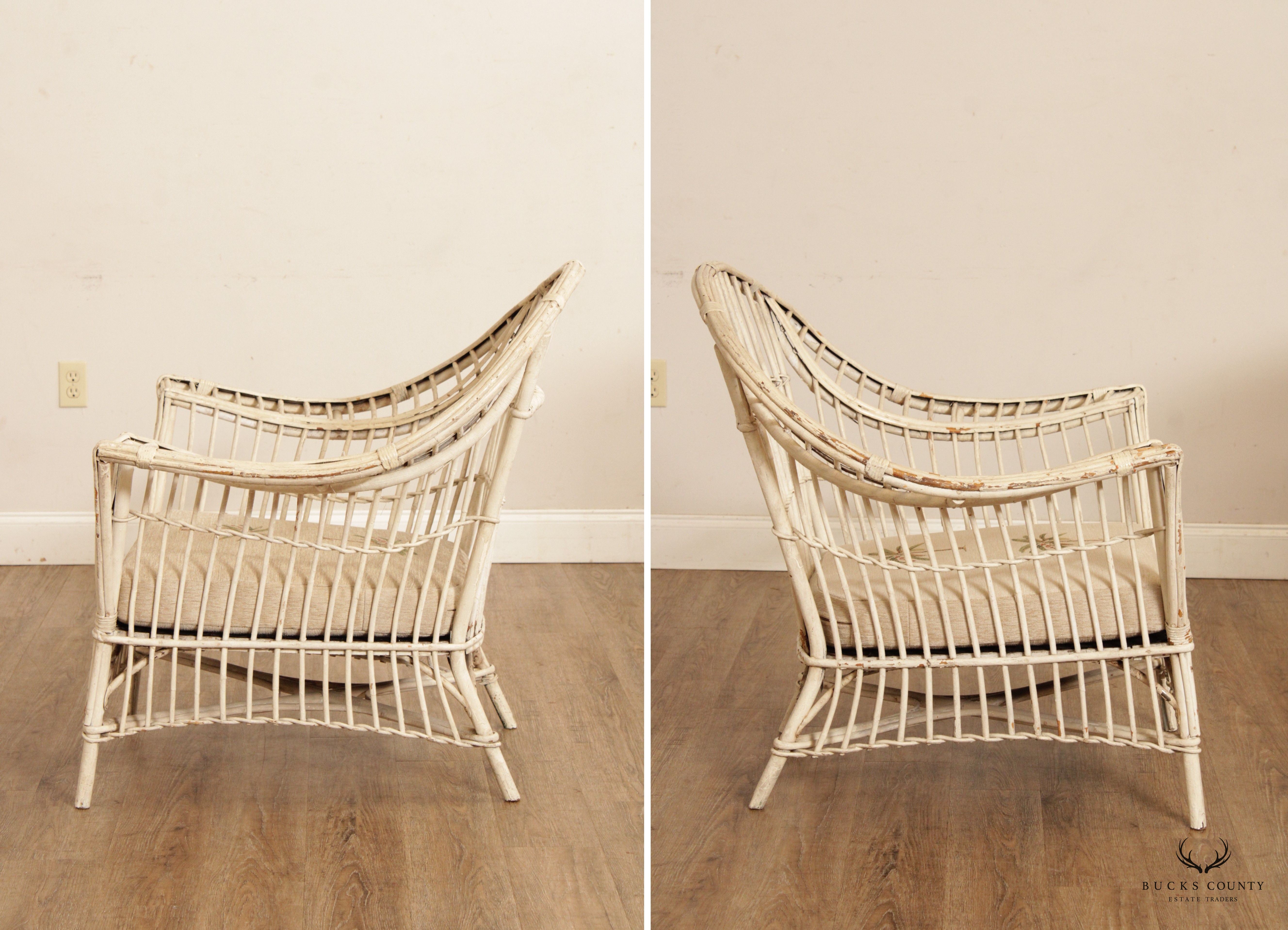 Vintage Coastal White Painted Split Reed Wicker Rattan Pair Patio Lounge Chairs