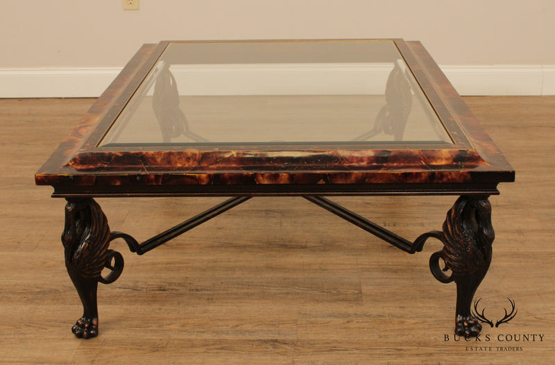Maitland Smith Large Glass Top Faux Tortoise Shell Coffee Table w/ Swan Legs