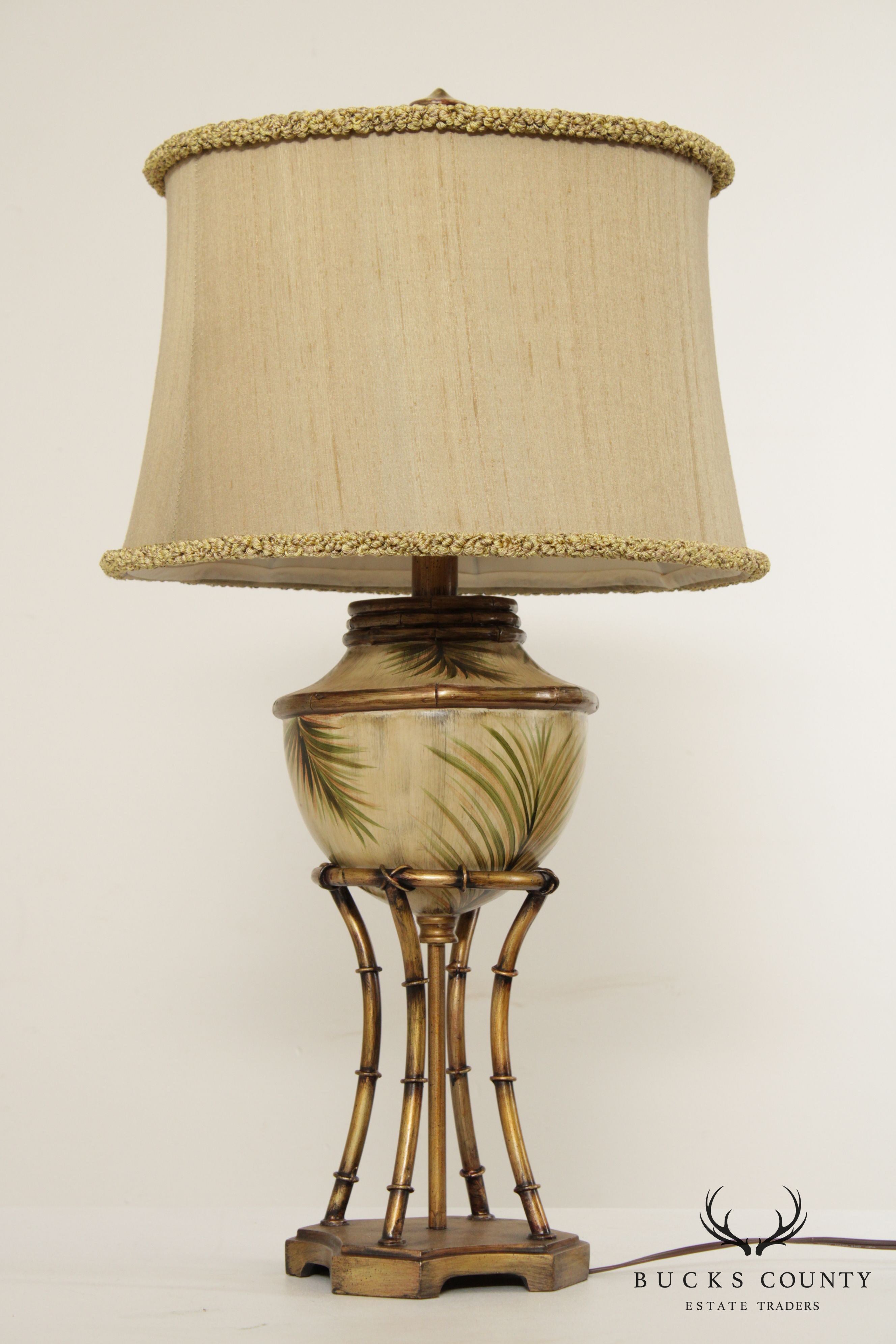 Vintage Tropical Palm Table Lamp with Silk Shade