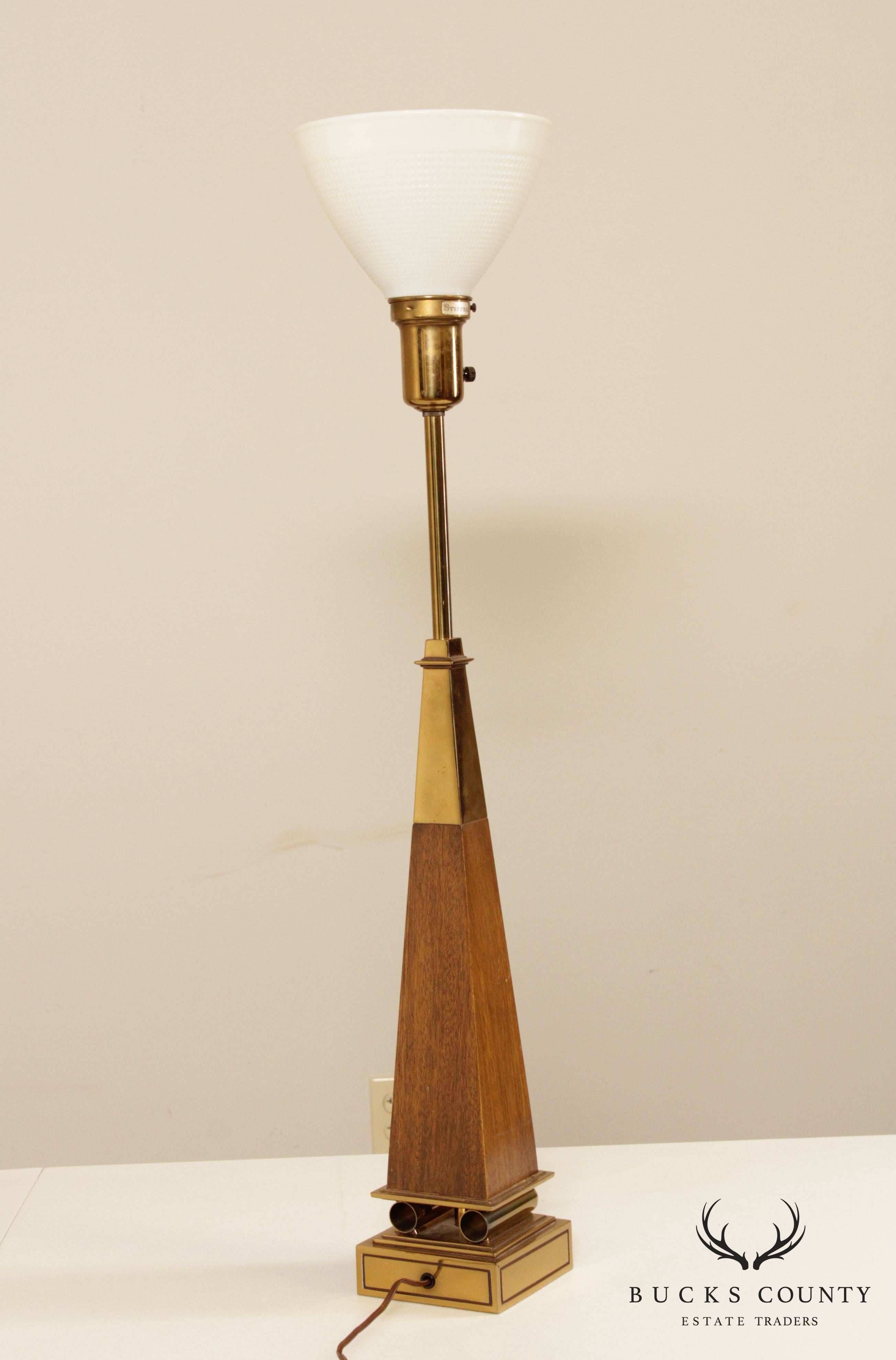 Stiffel Mid Century Brass & Walnut Obelisk Table Lamp