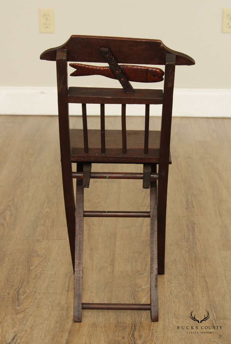 Antique 19th Century Walnut and Bone Child's Folding Fishing Chair