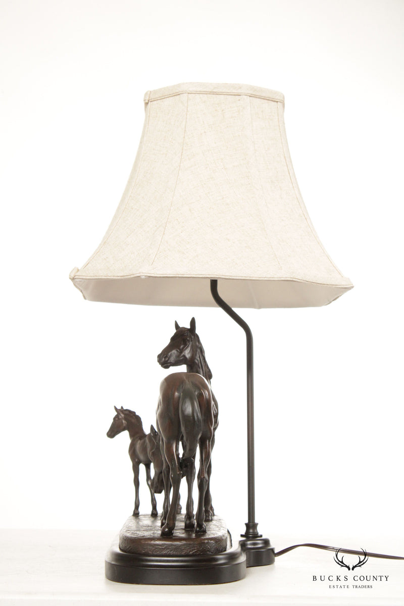Remington Horse Family Bronzed Table Lamp, Custom Shade