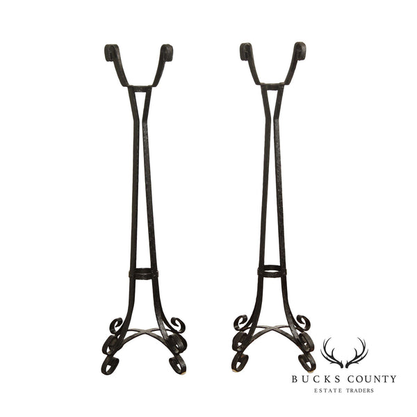 Arts & Crafts Style Hand Forged Wrought Iron Pair Plant Stands