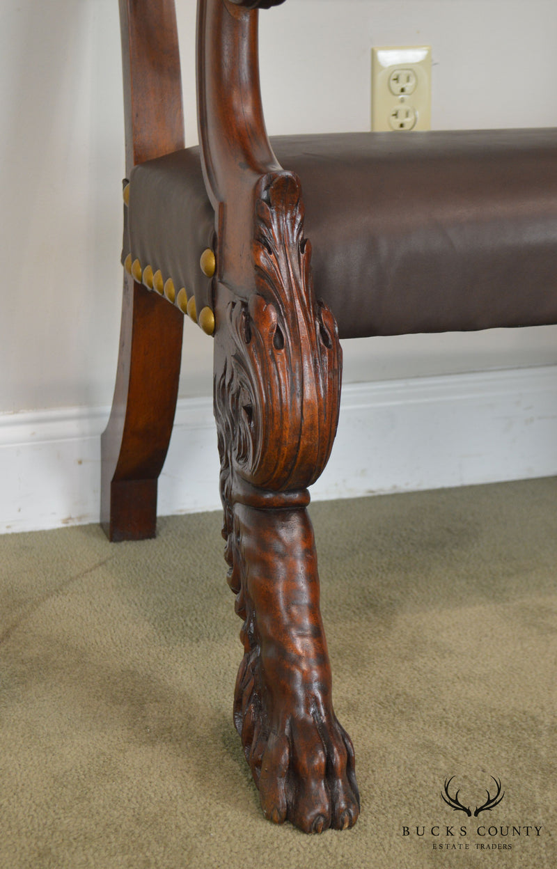 Antique 19th Century Unusual Italian Renaissance Revival Carved Claw Foot Leather Armchair