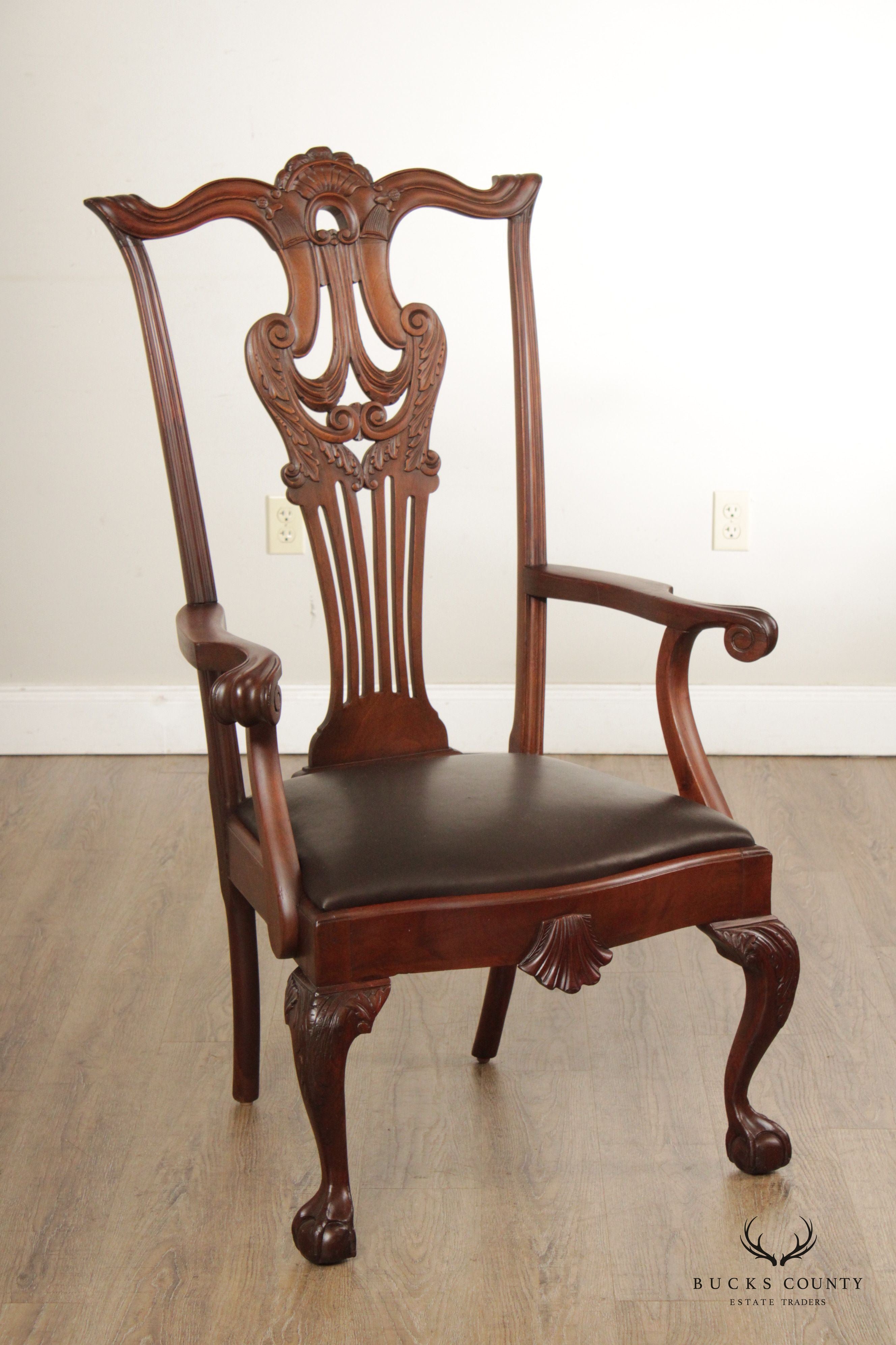 Custom Quality Vintage Chippendale Style Mahogany High-Back Armchair