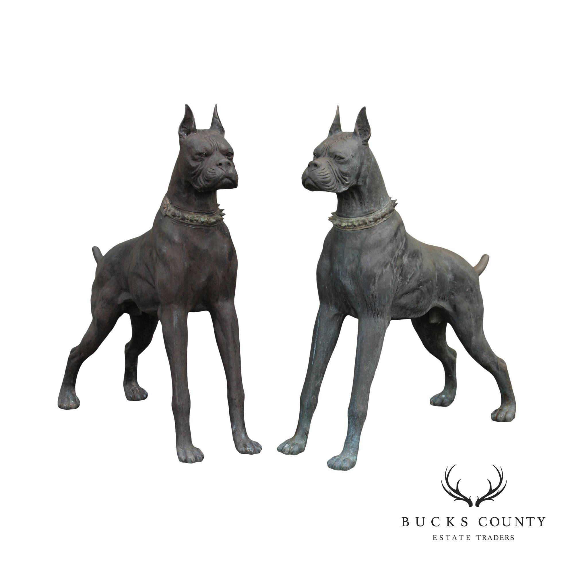 Large Pair of Patinated Bronze Boxer Dogs Garden Statues