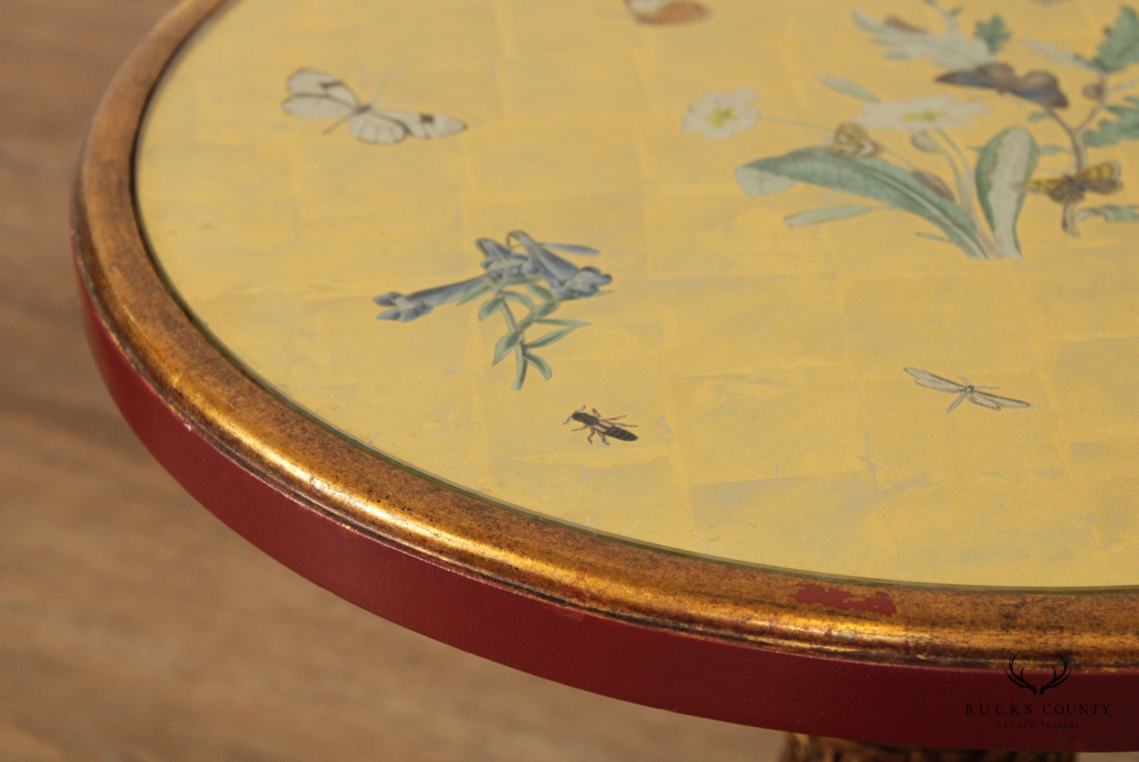 French Empire Style Pair of Painted Wood Round Eglomise Glass Top Side Tables