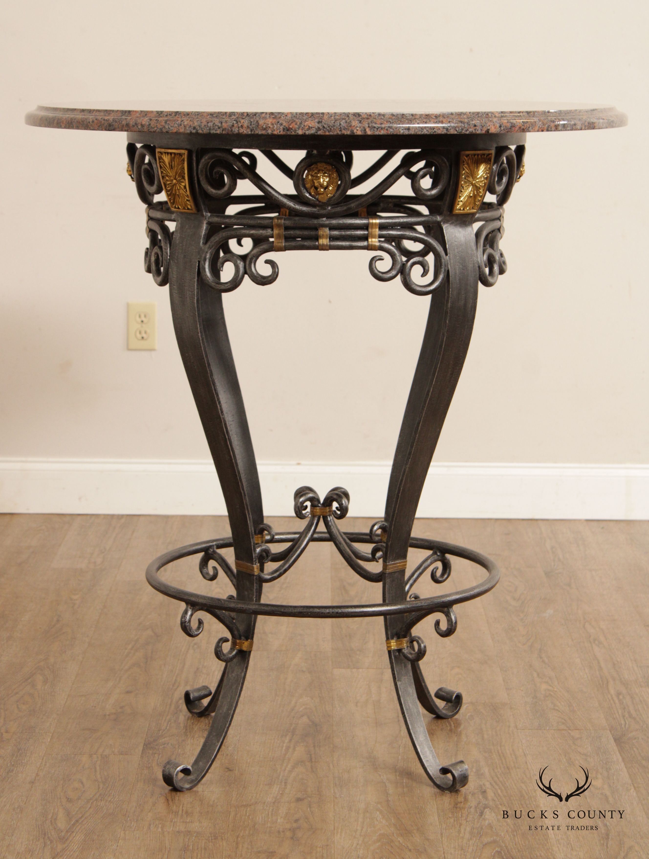 Labarge Neoclassical Style Wrought Iron Stone Top Round Pub Table