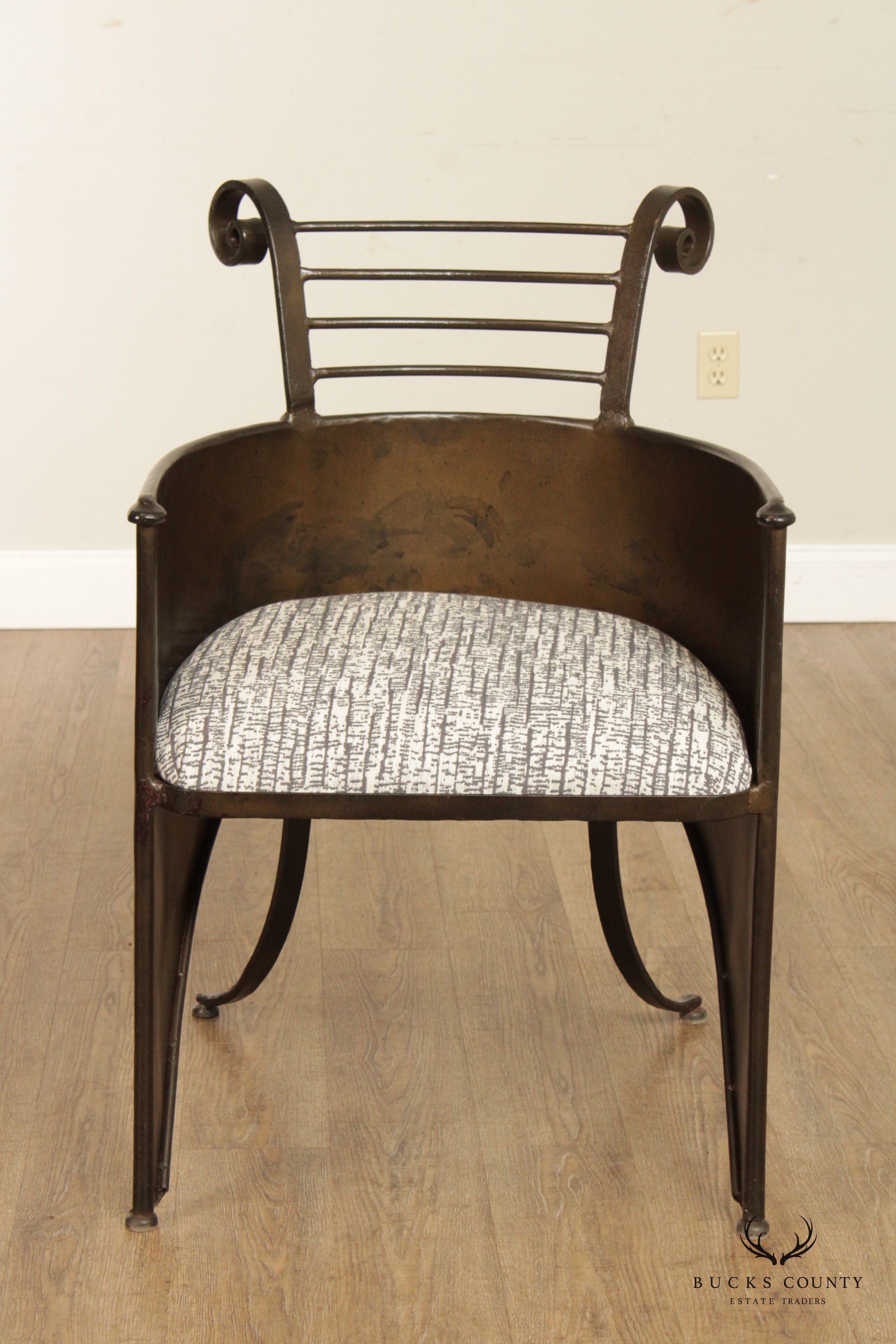 French Industrial Style Custom Pair of Wrought Iron Barrel Chairs