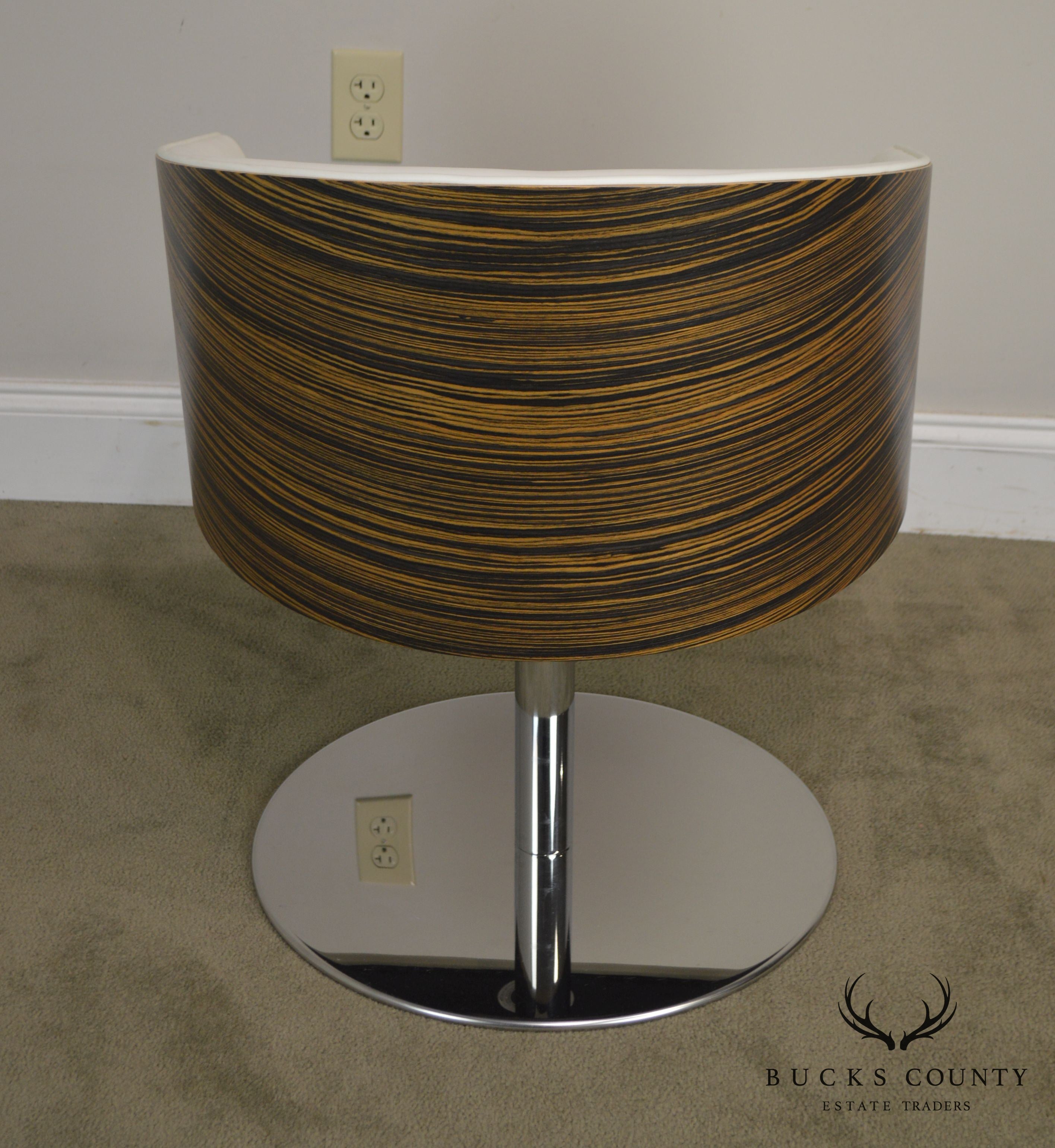 White Leather & Zebra Wood Barrel Back Chrome Pedestal Swivel Lounge Chair