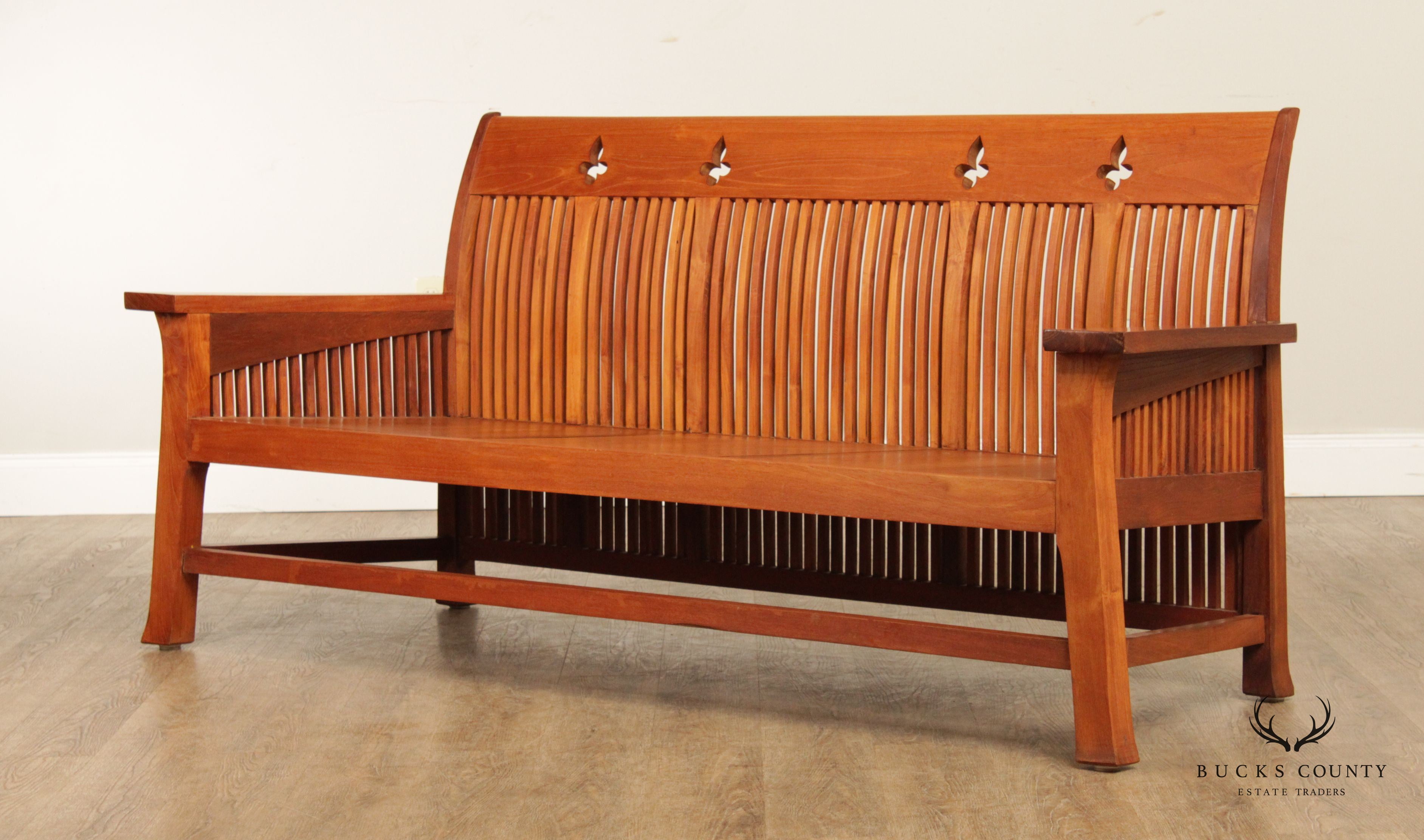 Arts & Crafts Style Long Teak Spindle Bench