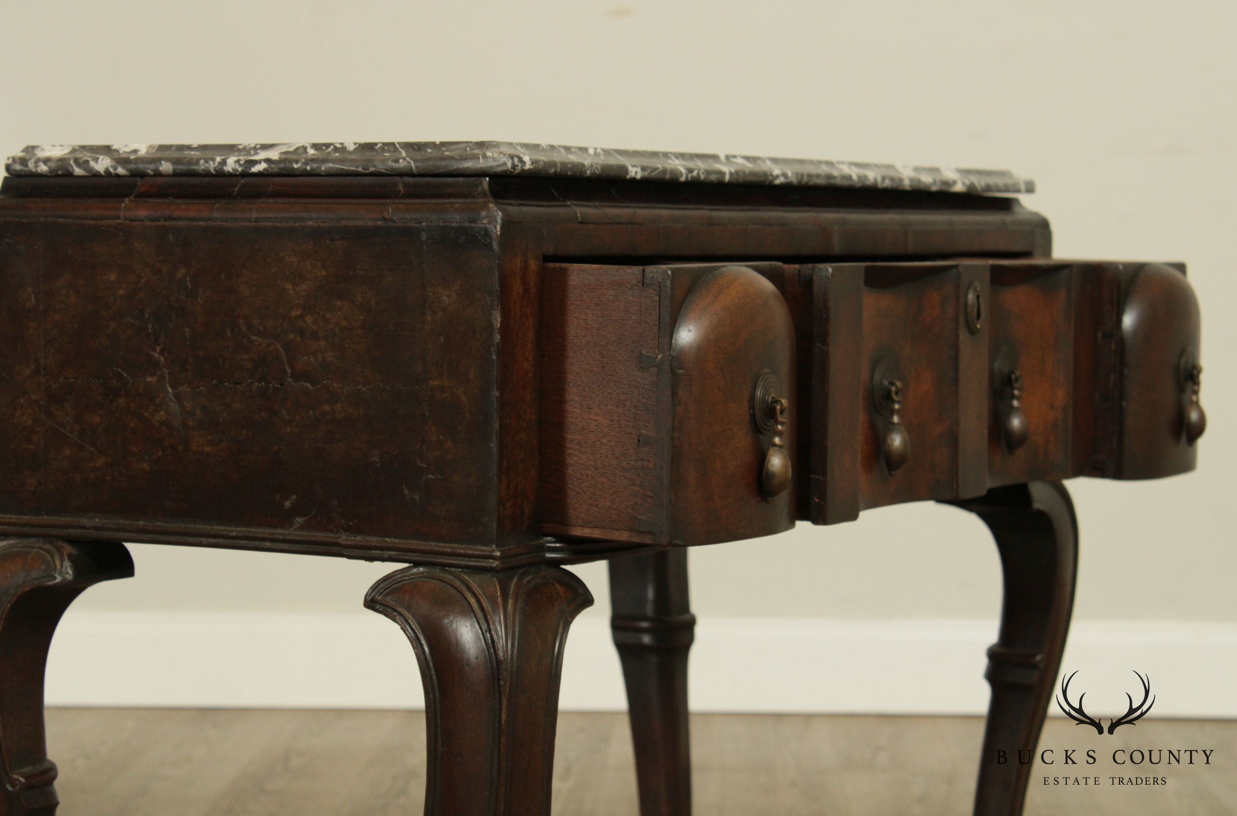 18th Century Antique English Walnut Jacobean Marble Top Console, Lowboy