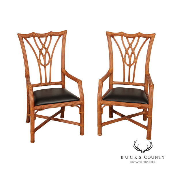 Chippendale Style Split Reed Rattan Pair of Armchairs